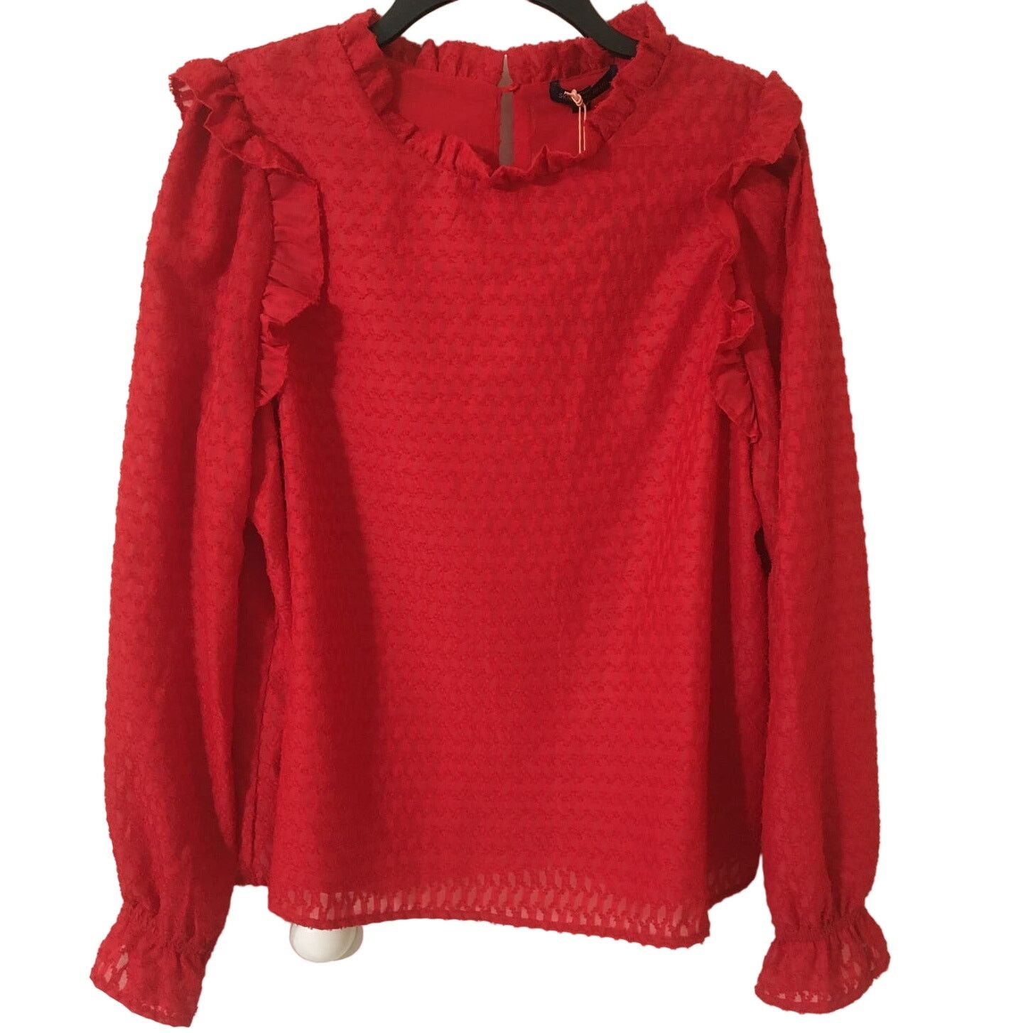 Other Skies Are Blue Large Red Lined Top W Ruffled Neck, Sleeves Size L / US 10 / IT 46 - 1 Thumbnail