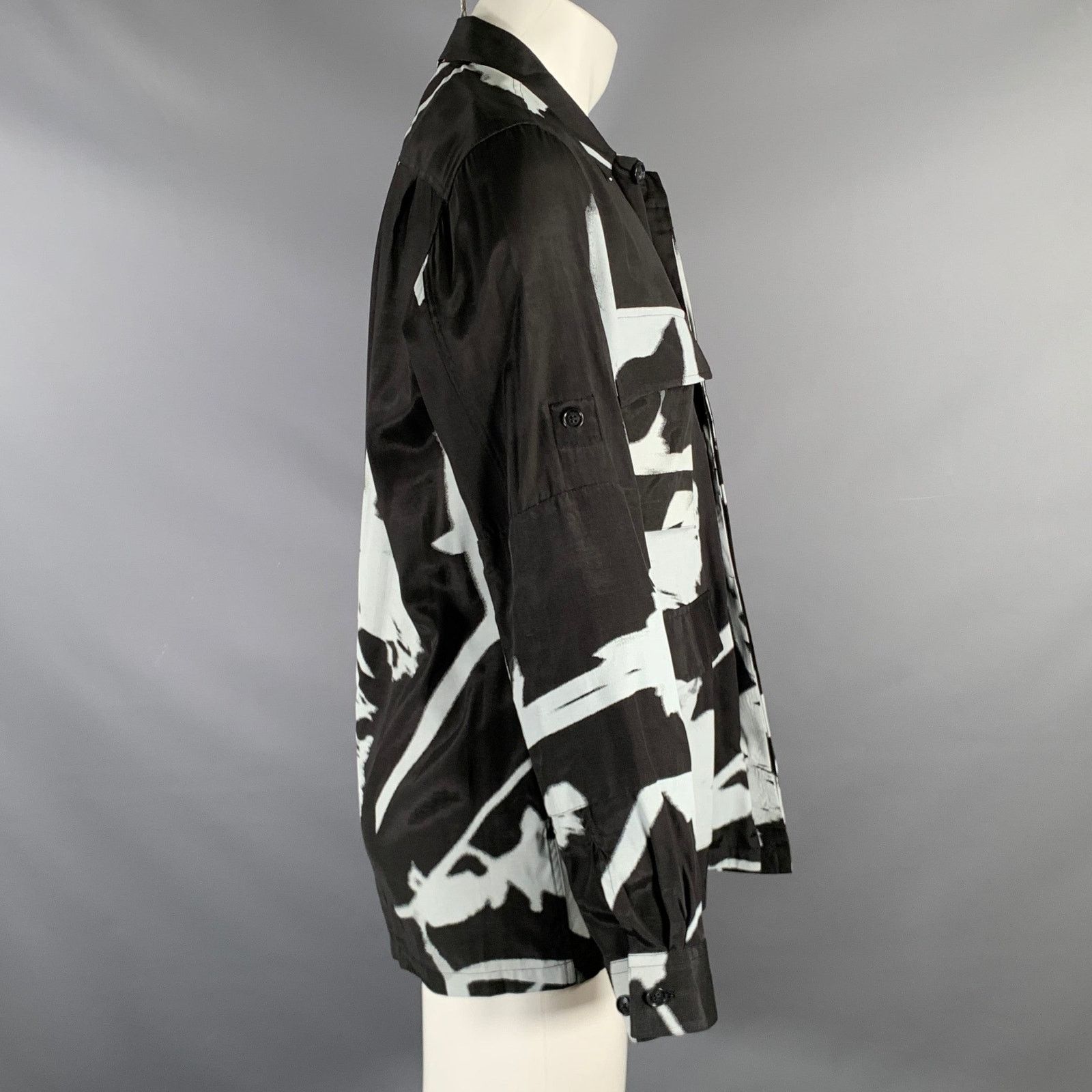 Size S Black White Print Viscose Patch Pockets Jacket