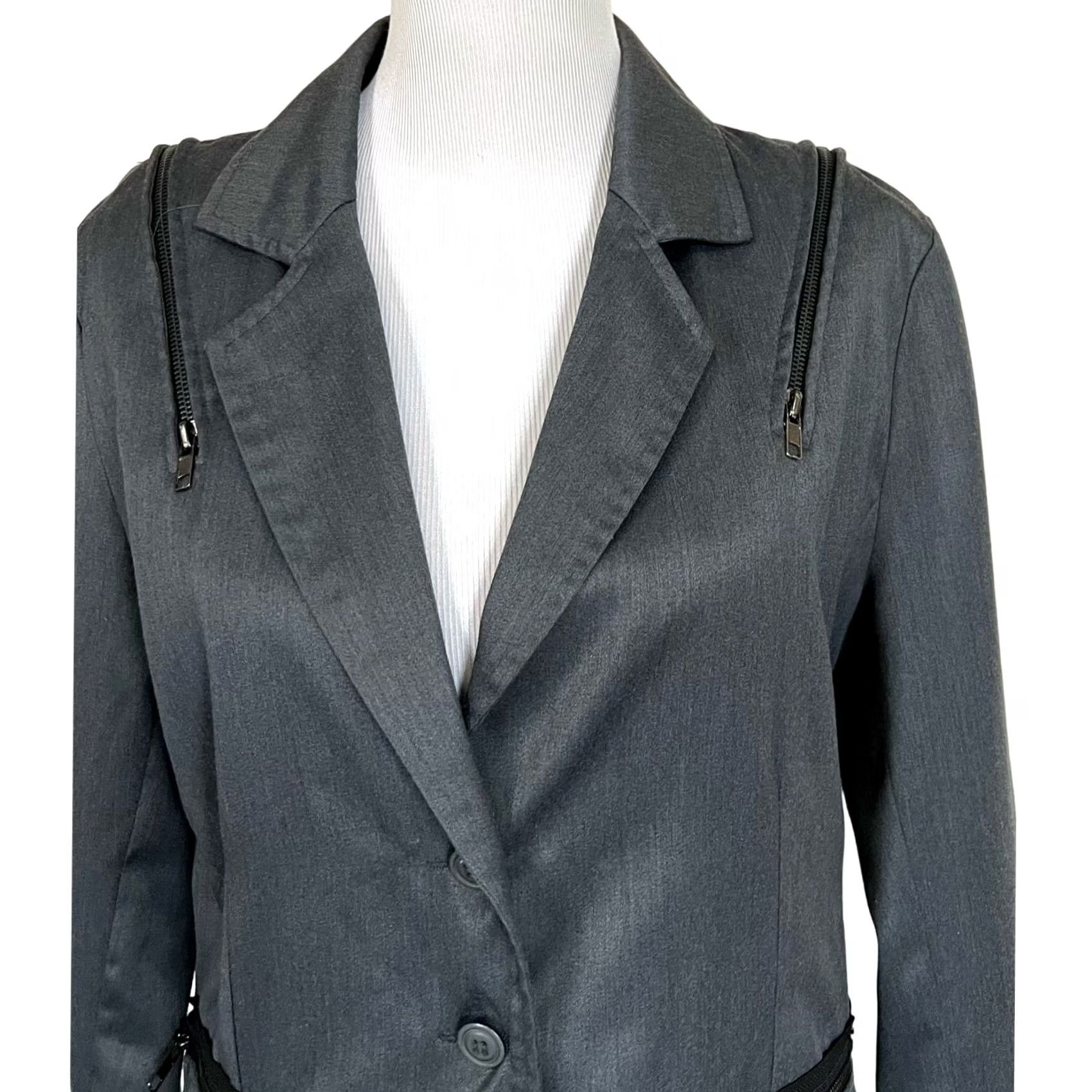 Vintage Chor Women’s Jacket Blazer Gray 3-Button Pockets Accent Zippers Wool Blend Sz L Size L / US 10 / IT 46 - 2 Thumbnail