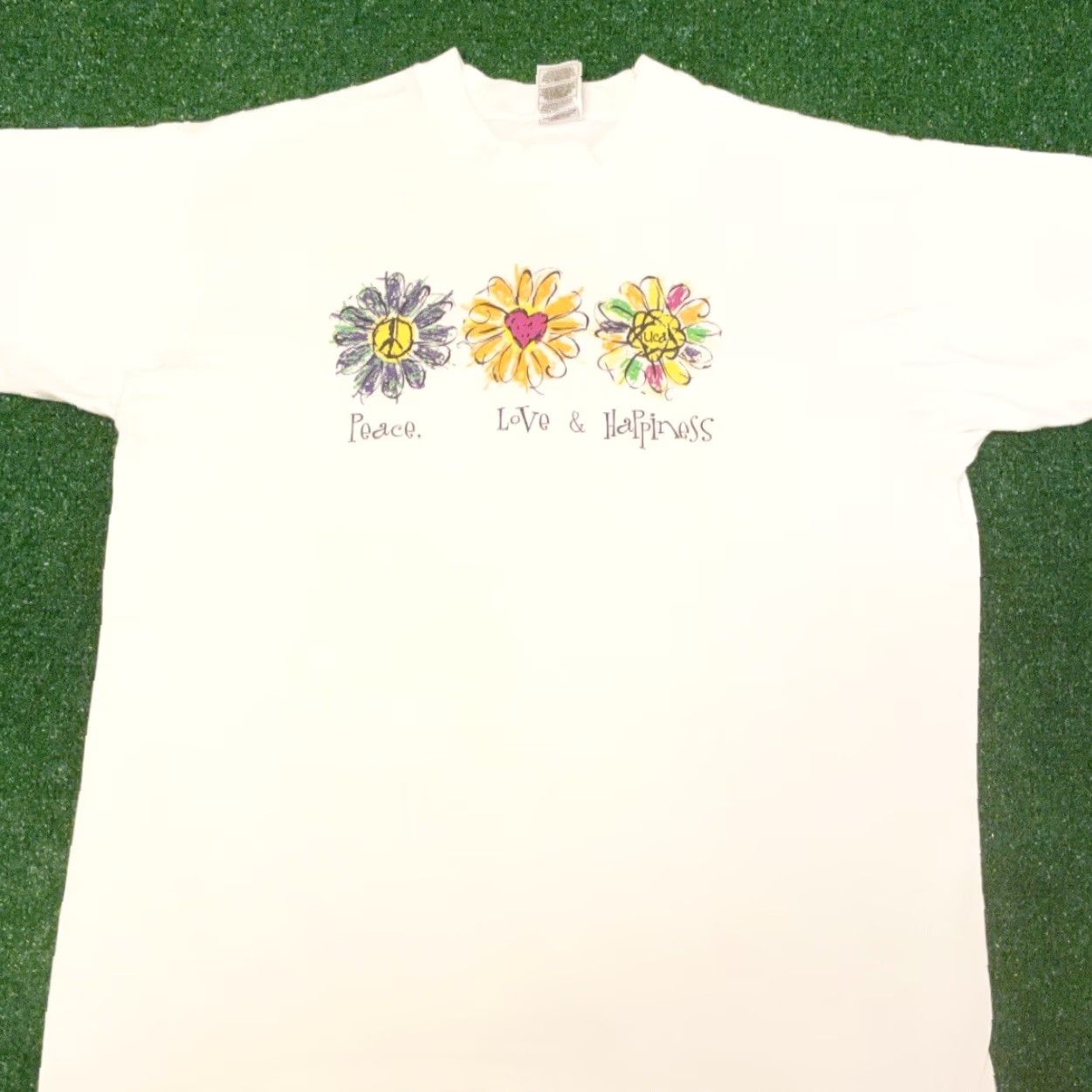 Vintage VINTAGE 90s Peace Love Happiness Flowers VTG Shirt Mens XL USA Single Stitch Shirt Mens XL White 90s Hippie Love Flower Womens/Mens? Size US XL / EU 56 / 4 - 3 Thumbnail