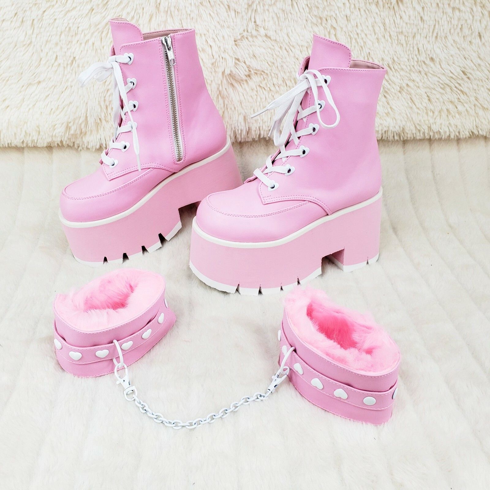 Other Ashes 57 Pink Heart Studs 3.5" Platform Goth Boots Fur Lined Size US 7 / IT 37 - 2 Thumbnail
