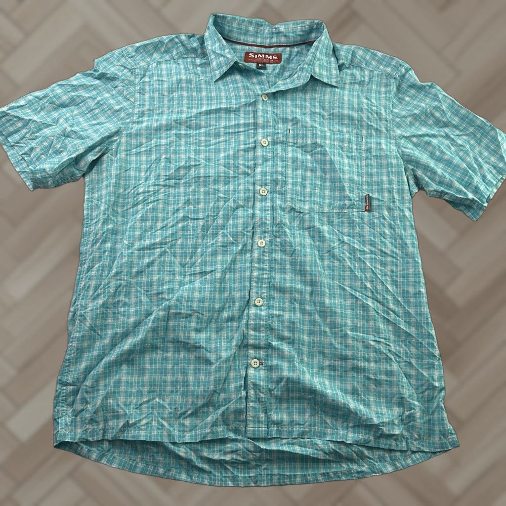 Vintage SIMMS Plaid Nylon Short Sleeve Button-Front Shirt Mens XL Blue White Size US XL / EU 56 / 4 - 1 Thumbnail