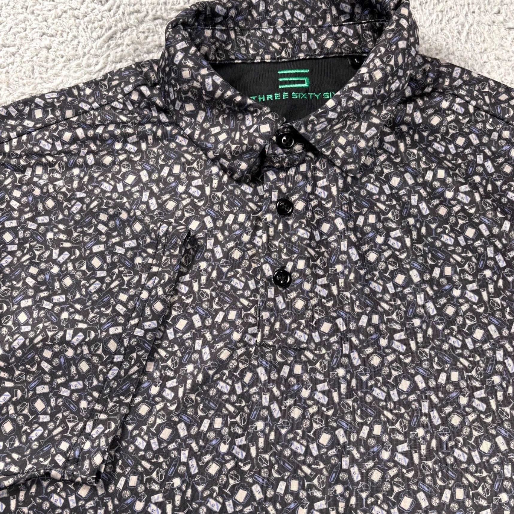 Vintage Three Sixty Six Polo Shirt Mens L Black Graphic Print Alll Over Drink Party Golf Stretch Crew Neck Short Sleeve Polo Shirt Size US L / EU 52-54 / 3 - 2 Thumbnail
