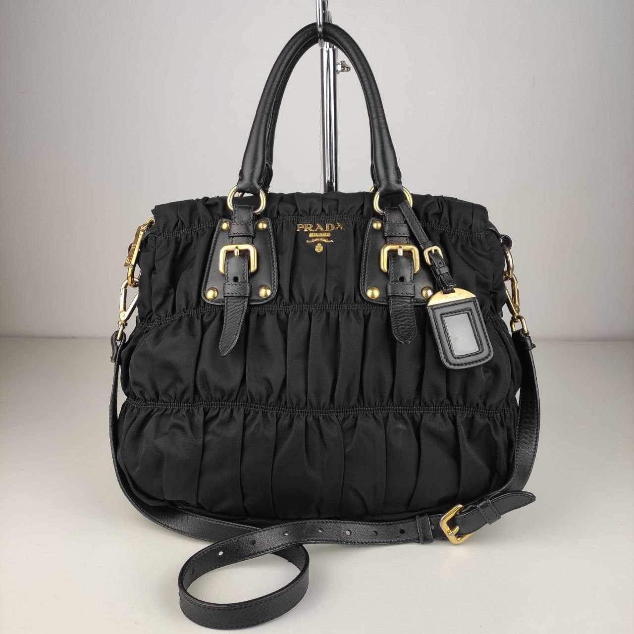image of Italian Designers Authentic Prada Tessuto Nylon Gaufre 2 Ways Shoulder Bag in Black, Women's