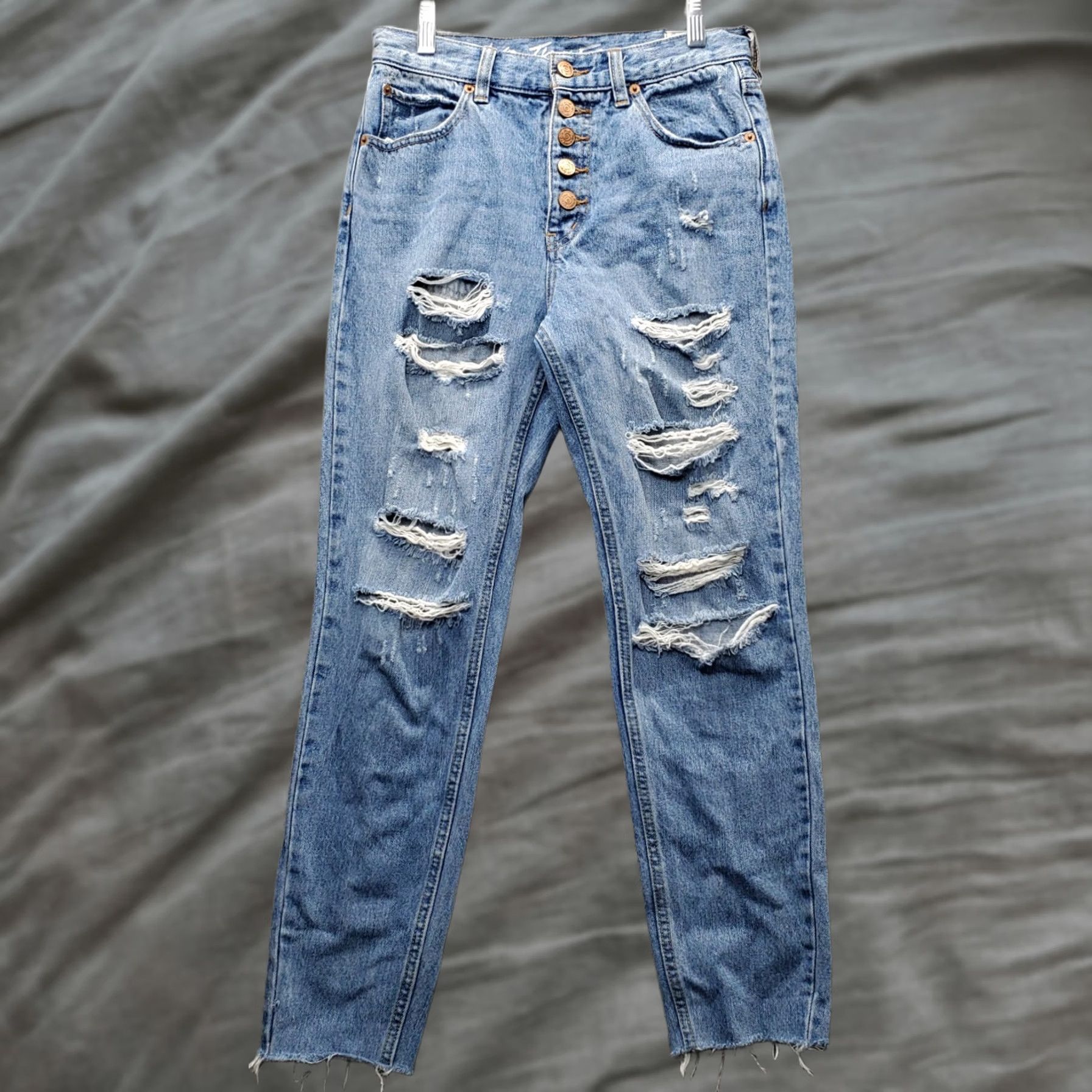 Free People Free People We The Free Jeans Womens 25 Blue Denim Regular Distressed High Rise Button Fly Size 42" / US 20 - 1 Thumbnail