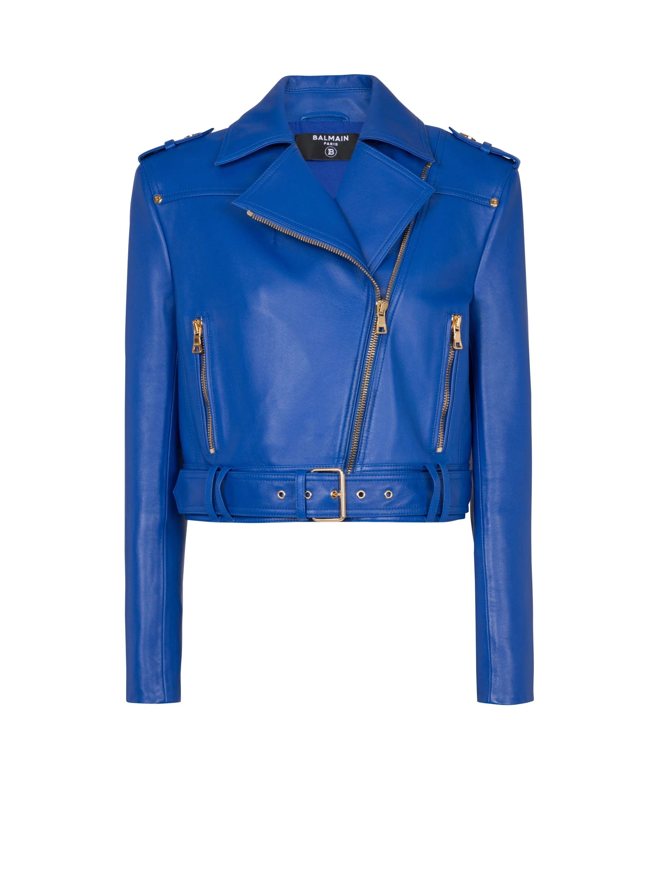 Image of Balmain O1Srvl11E0524 Short Leather Biker Jacket In Blue, Women's (Size XL)