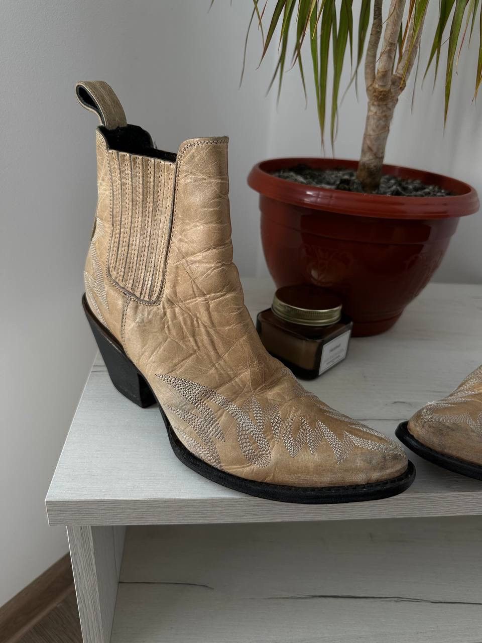 Japanese Brand × Leather × Vintage Vintage Cowboy Beige Western Leather Women’s Boots Size US 8 / IT 38 - 6 Thumbnail