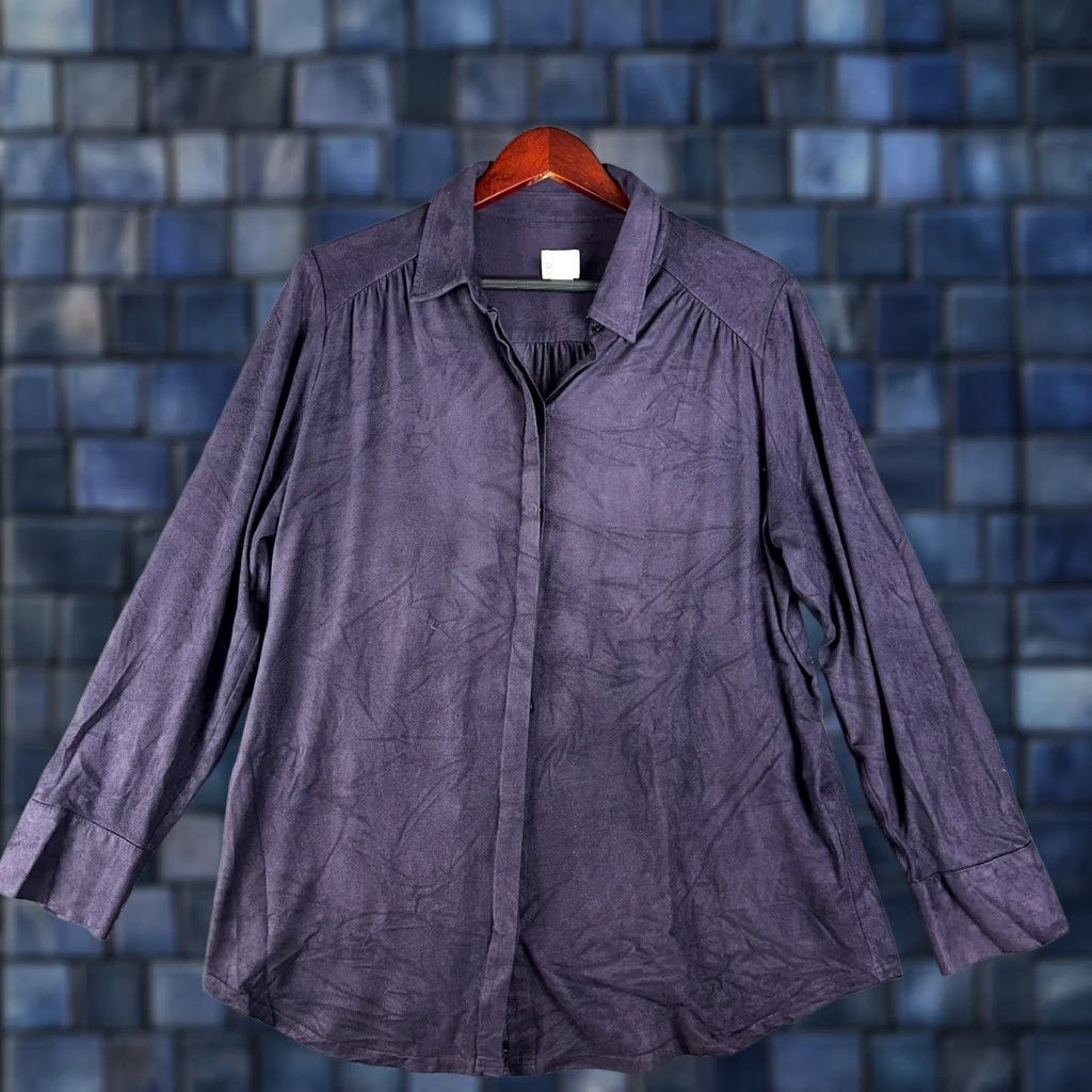 Vintage Chicos Blouse Womens Large Purple Stretch Faux Suede Long Sleeve Button Up Top Shirt Size L / US 10 / IT 46 - 1 Thumbnail