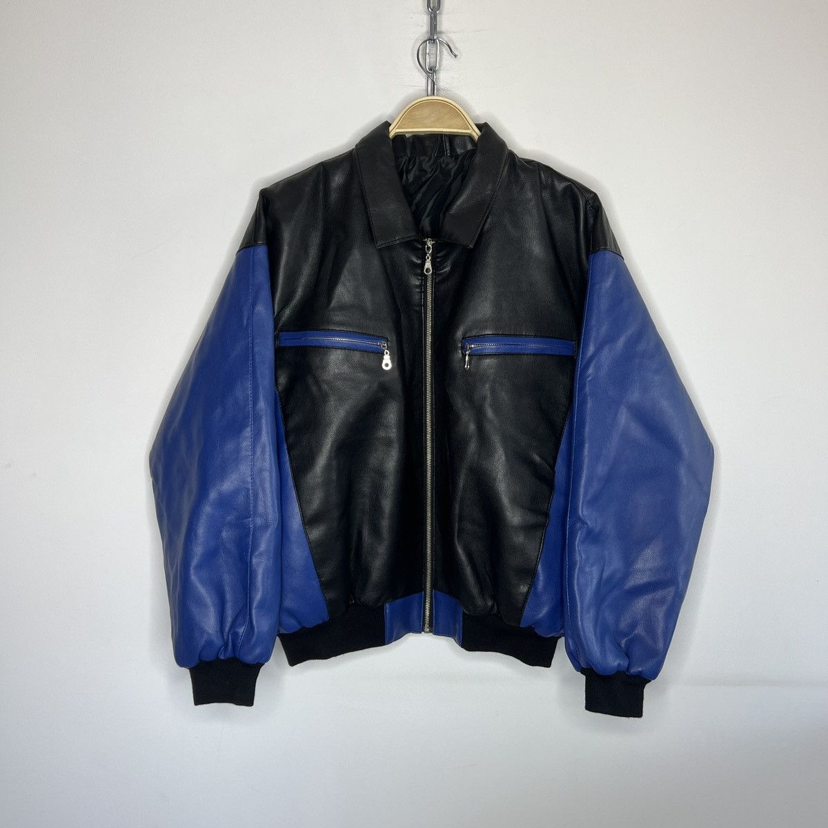 Japanese Brand 90s Boxy Leather Varsity Jacket Bomber Boxy Black Navy Size US M / EU 48-50 / 2 - 1 Thumbnail