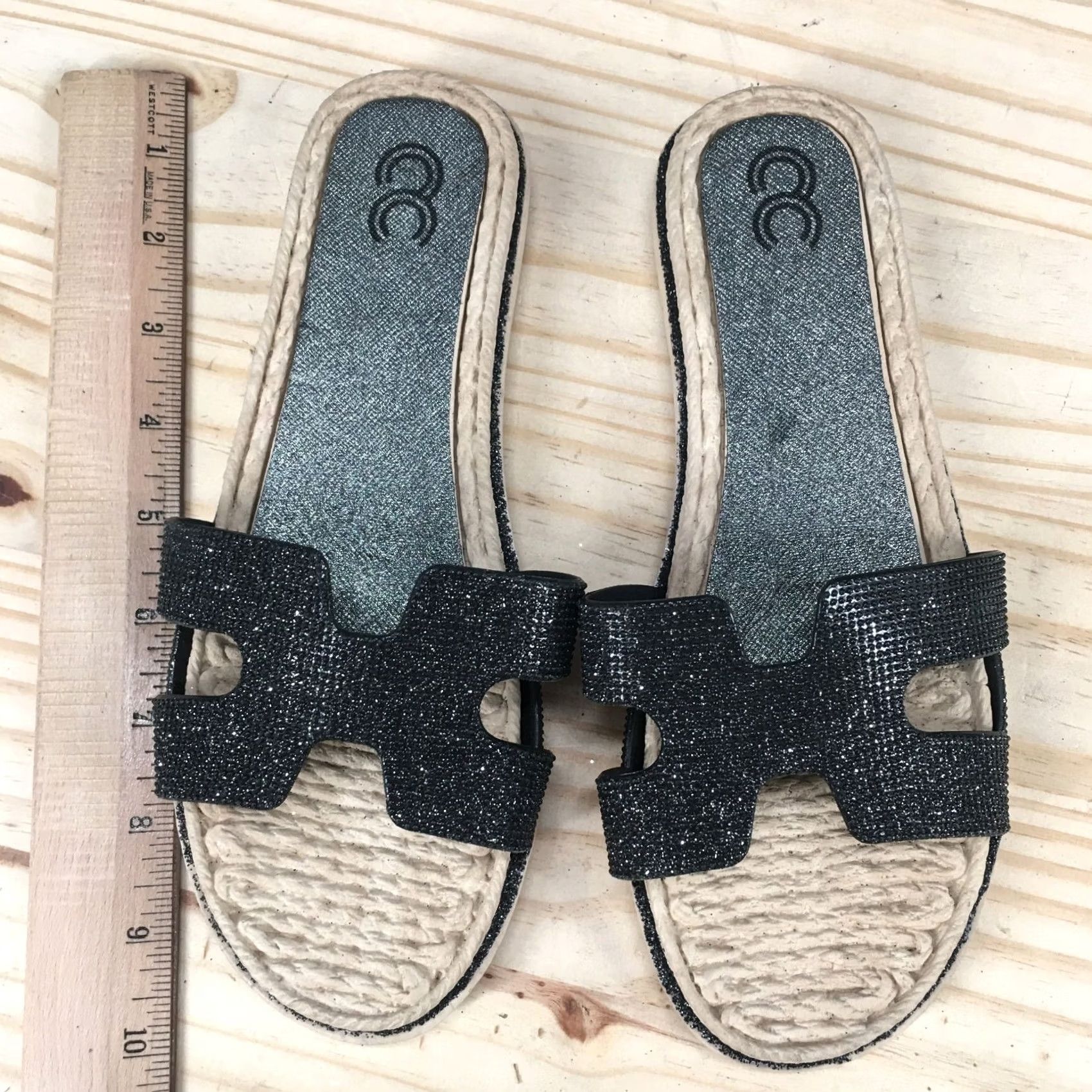 Vintage Cindy Claire Sandals Womens 38 Slide Flats Slip On CC Logo Black Glitter Open Toe Womens Shoes Slips On Sandals Low Heel Flat Casual Size US 8 / IT 38 - 5 Thumbnail