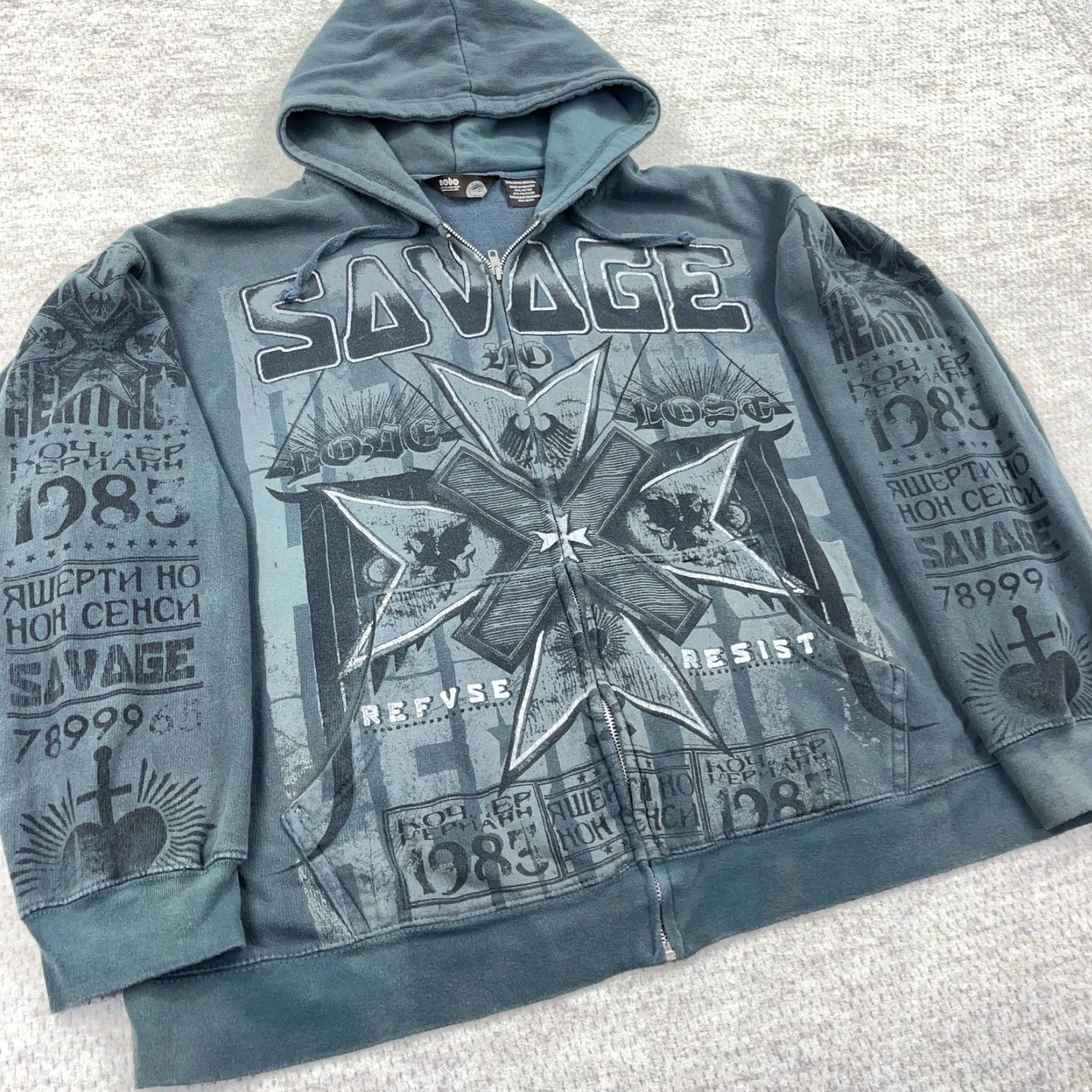Vintage VINTAGE No Boundaries Hoodie Men 2XL Gray Full Zip Hooded Graphic Print AOP Neck Round Zip Front Fleece Cotton Blend Casual Mens Size US XXL / EU 58 / 5 - 2 Thumbnail