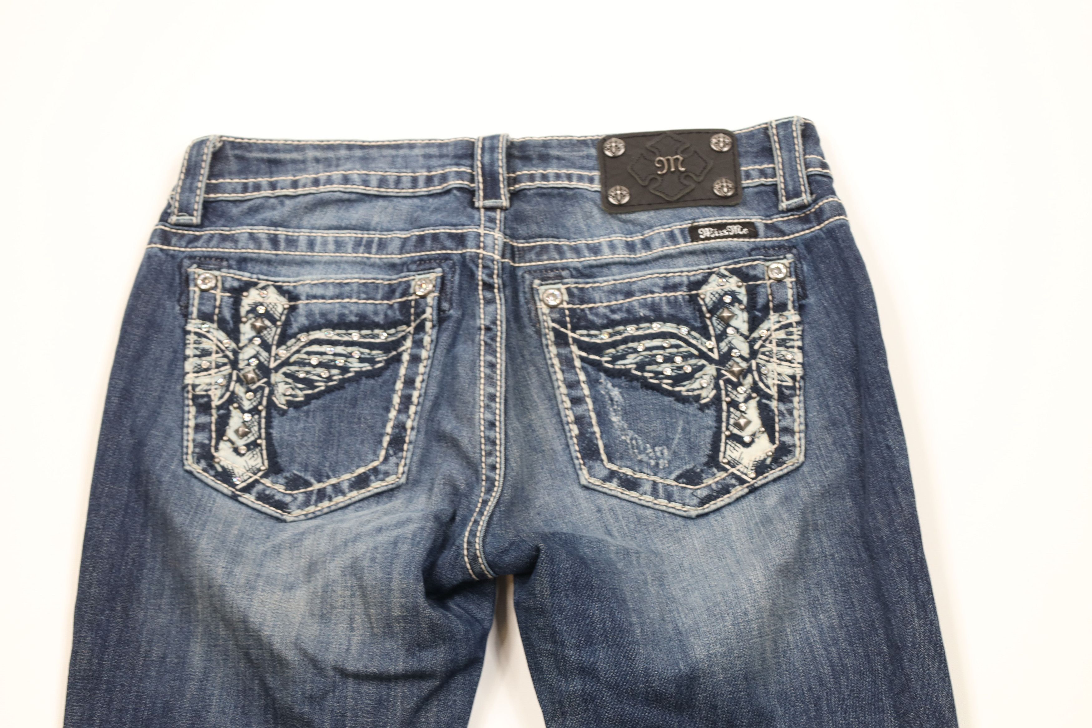 Miss Me Miss Me Cross Wings Jeweled Stretch Bootcut Denim Jeans Size 29" - 12 Thumbnail