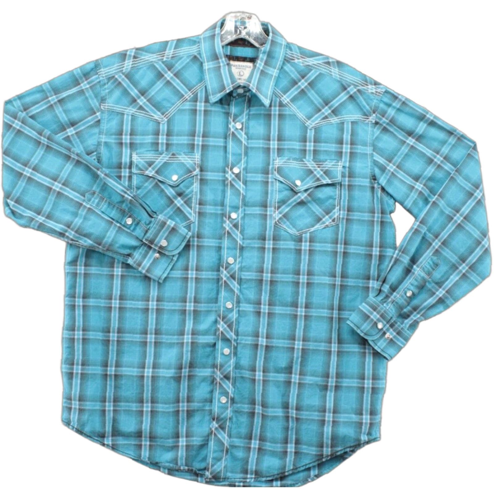 Vintage Panhandle Rough Stock Shirt Men's L Turquoise Plaid Flip Cuff Western Pearl Snap Shirt Size US L / EU 52-54 / 3 - 1 Thumbnail