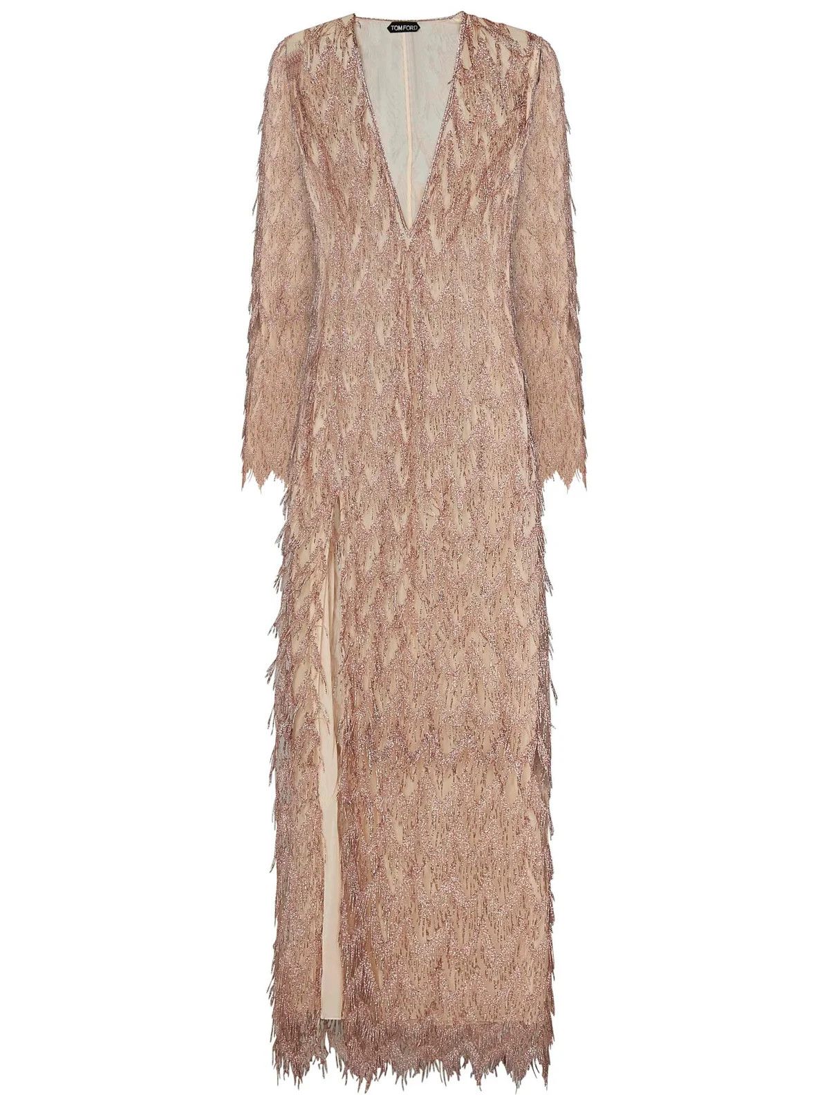 Tom Ford o1w1db10525 AB3370 V-Neck Fringed Maxi Dress in Beige Size S / US 4 / IT 40 - 1 Thumbnail