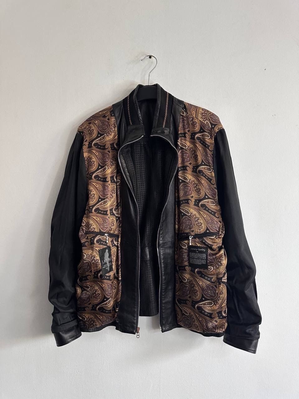 Other Latini Luxury Black Leather Jacket Paisley Silk Lining Size US XL / EU 56 / 4 - 16 Thumbnail