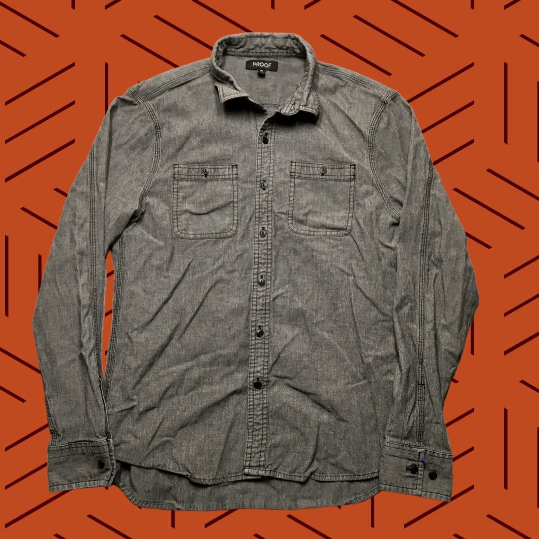 Vintage PROOF Denim Shirt Mens M Gray Button-Up Collared Long Sleeve Casual Travel Workwear Shirt - XL? Size US XL / EU 56 / 4 - 1 Thumbnail