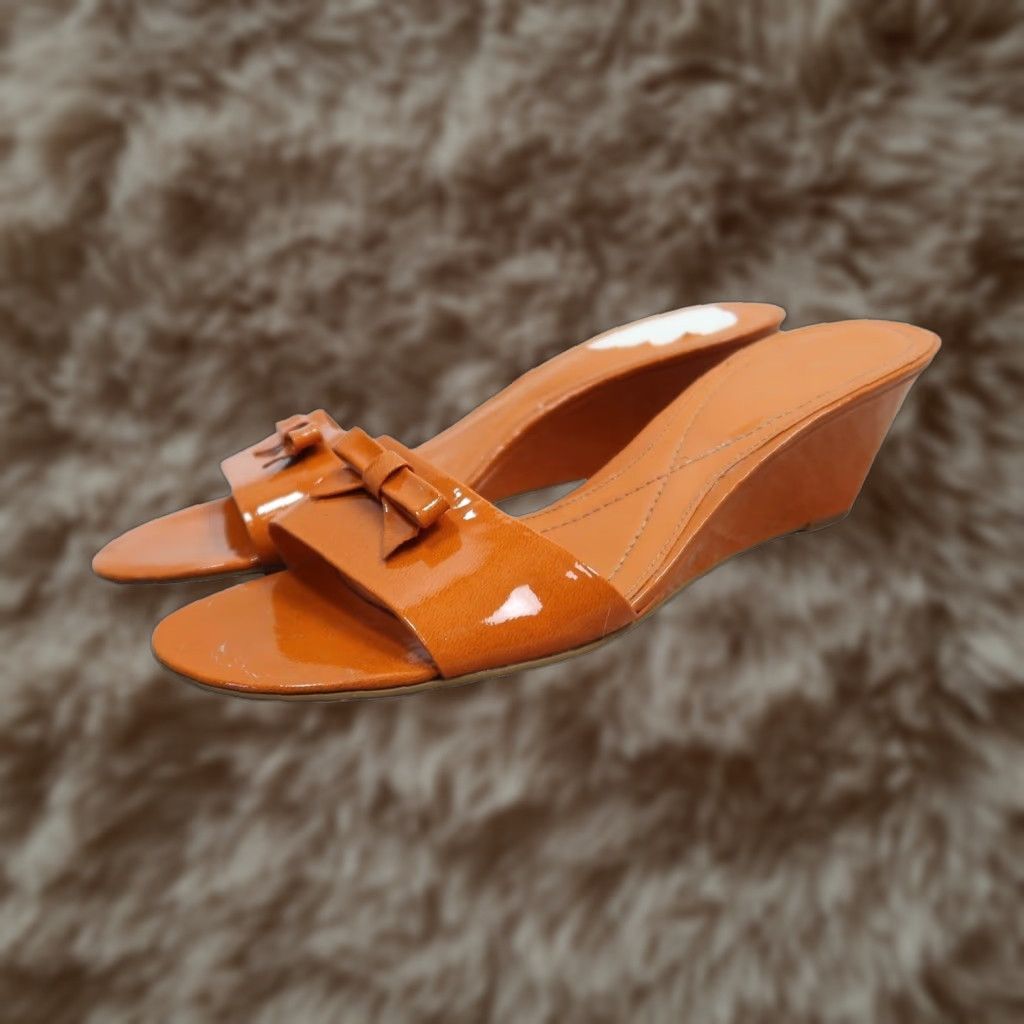 Kenzo Enzo Angiolini Orange Faux Leather Wedge Mule Shoes Sandals 8.5 Women Casual Spring Summer