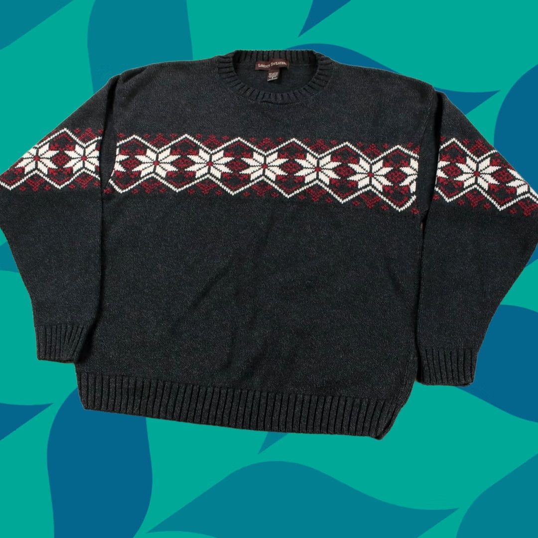 Vintage LIBERTY Sweater Men's Holiday Fair Isle Cotton Acrylic Small gray 90s USA Made Vintage Pullover Crew Neck Size US S / EU 44-46 / 1 - 1 Thumbnail
