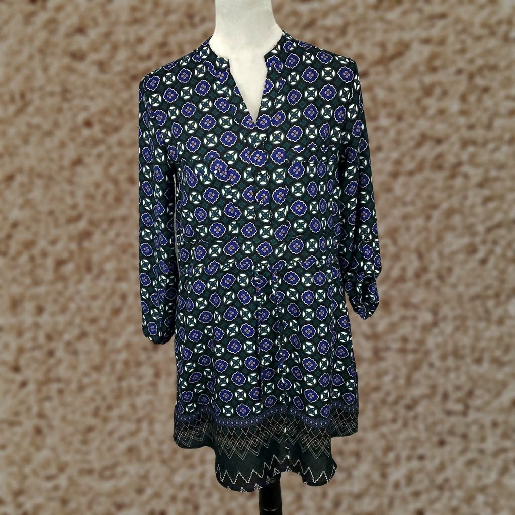 Vintage Aly Dress Womens Size Medium Blue Geometric Tunic Shift Roll Tab Sleeve Size M / US 6-8 / IT 42-44 - 1 Thumbnail