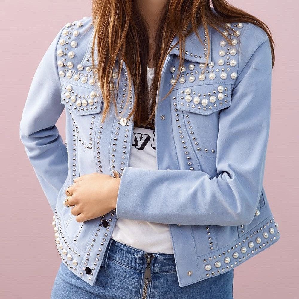 Rebecca Minkoff Periwinkle Pearl studded goat leather trucker jacket Size XS / US 0-2 / IT 36-38 - 5 Thumbnail