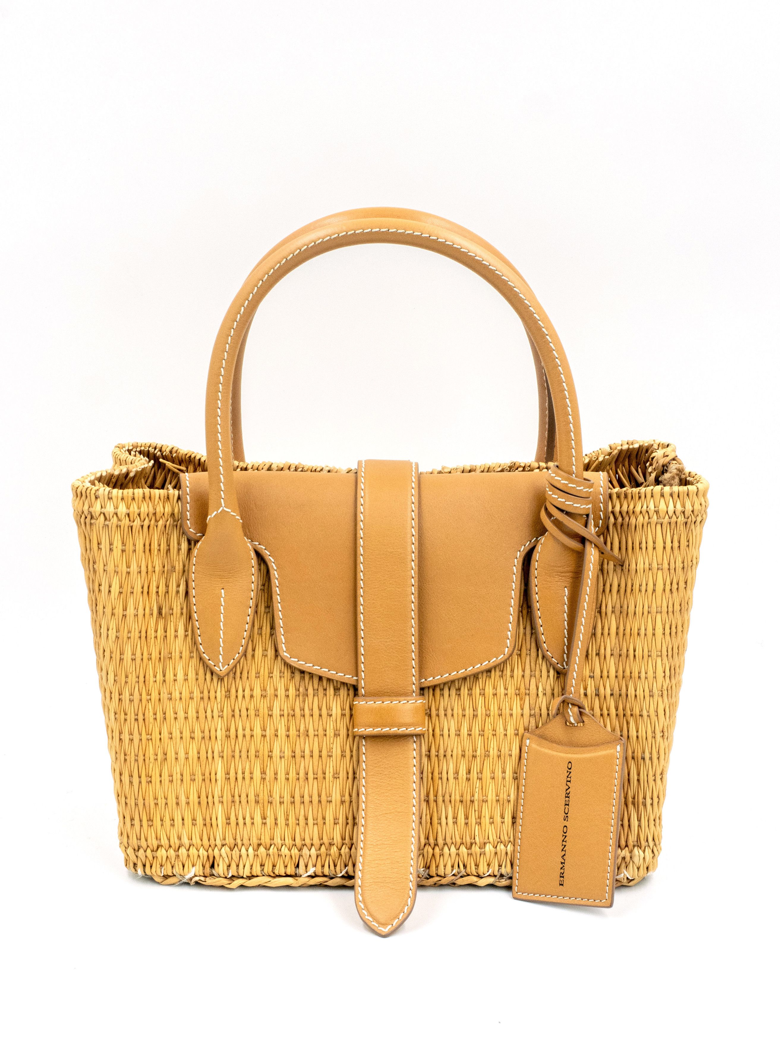 Ermanno Scervino Woven Tote Bag With Leather Handle And Embossed Luggage Tag Size ONE SIZE - 1 Thumbnail