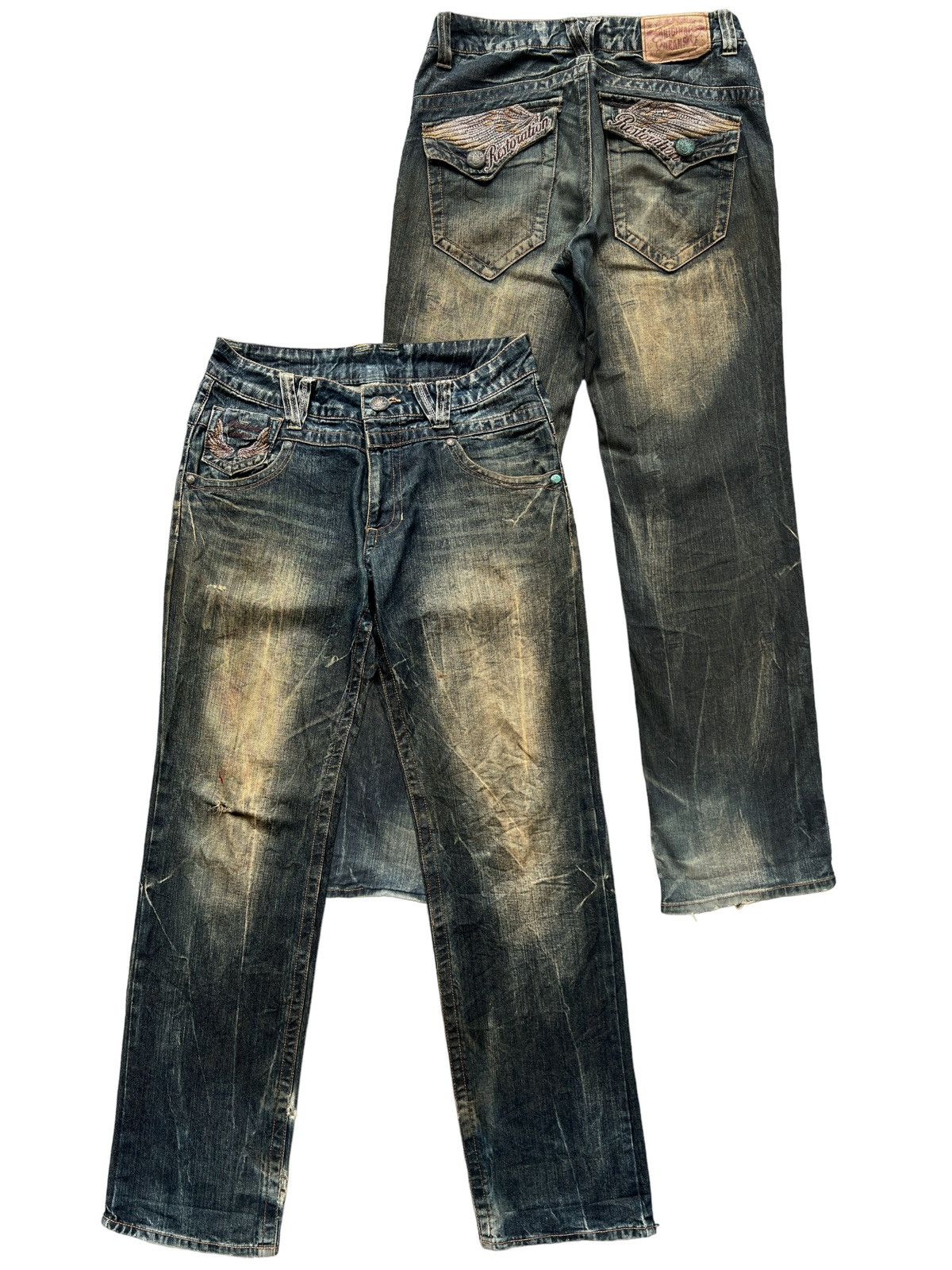 image of Beauty Beast x Distressed Denim Japanese Wings Distressed Rusty Mudwash Denim Jeans 33X32 in Yellow