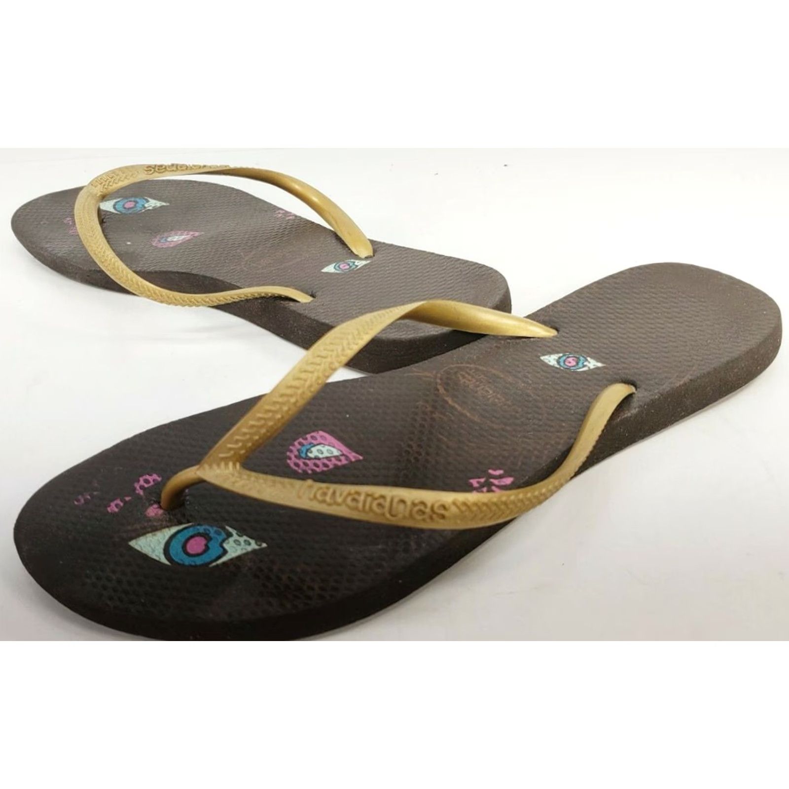 Vintage Havaianas Sandals Women's 9 Gold Straps Brown Footbed Comfy Casual Flip Flop Slips On Rubber Breathable 2020 Mens? Size US 9 / IT 39 - 2 Thumbnail