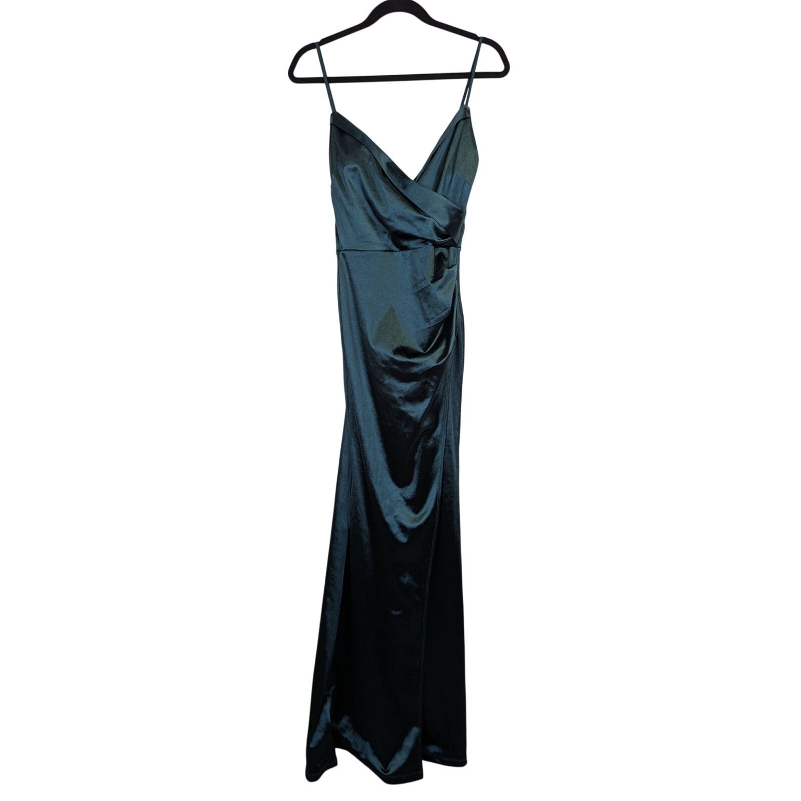 Slip Dress Evening Gown Emerald Green Satin Maxi High Slit