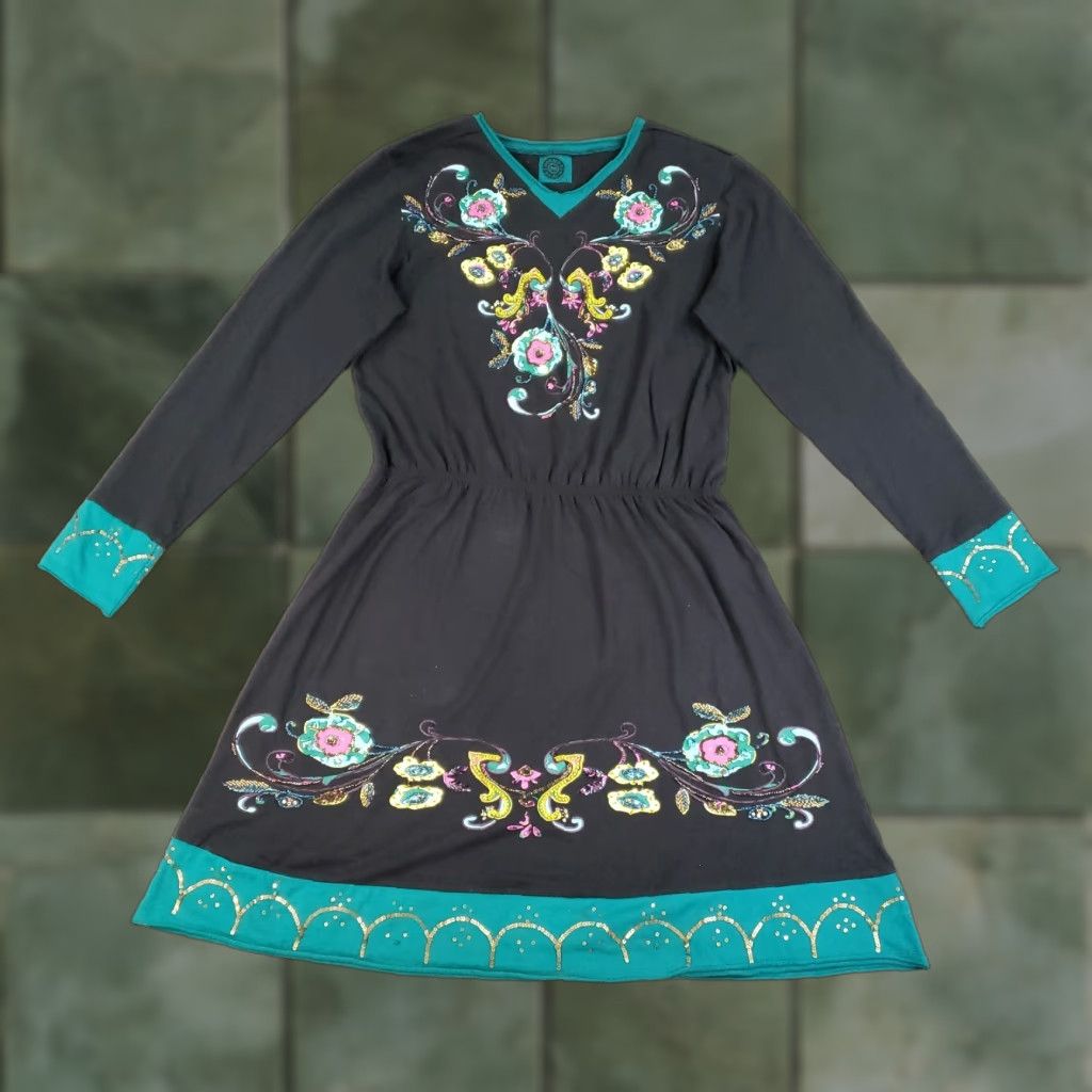 Double D Ranch Dress Womens Large Black Embroidered Embellished Beaded Sequin Floral V-Neck Knit Cotton Spandex Cowgirl Western Bohemian