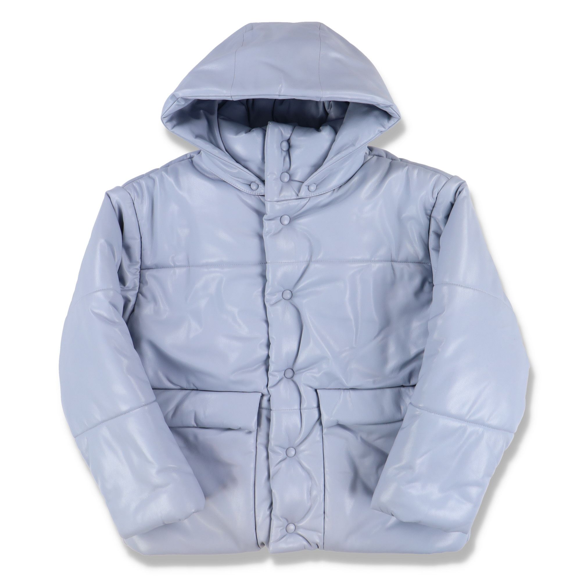 Nanushka Dusty Blue Vegan Leather Hooded Puffer Jacket Size L / US 10 / IT 46 - 5 Thumbnail