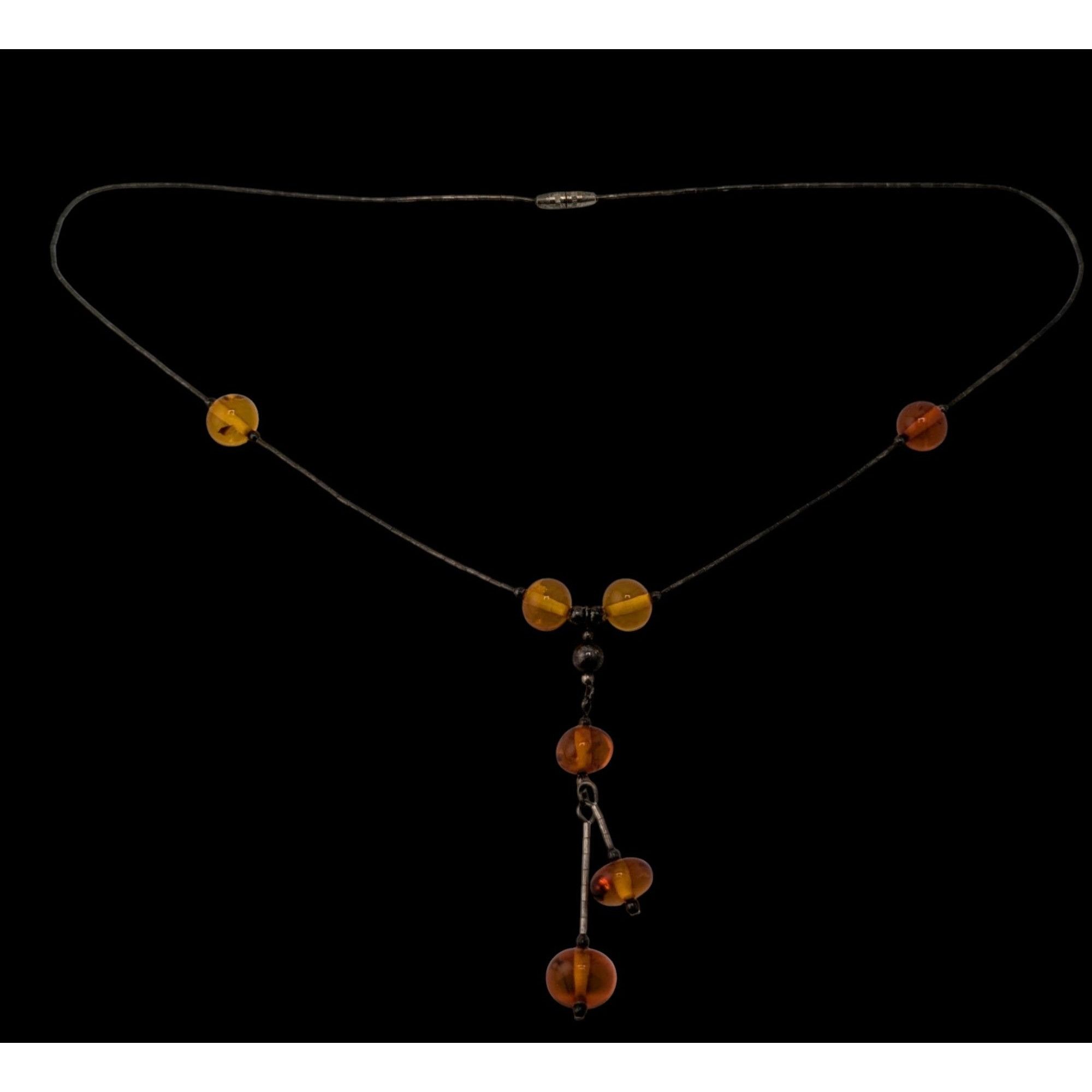 Other Vintage Amber Bead Necklace With Liquid Silver Chain & Drop Size ONE SIZE - 3 Thumbnail