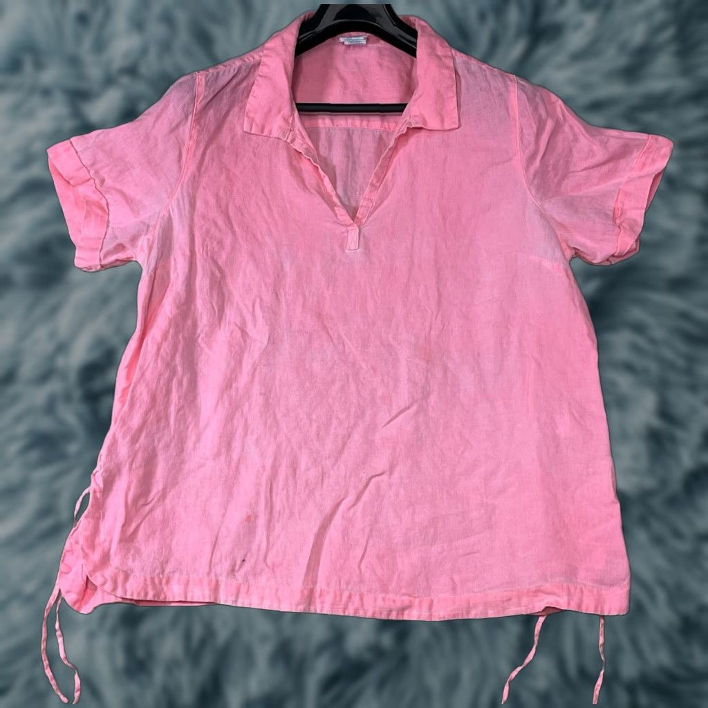 Pinko Sigrid Olsen Blouse Shirt Women XL Pink Linen Short Sleeve V-Neck Pullover Casual Travel Tunic Button Front Easy Care Lightweight Machine Washable Size XL / US 12-14 / IT 48-50 - 1 Thumbnail