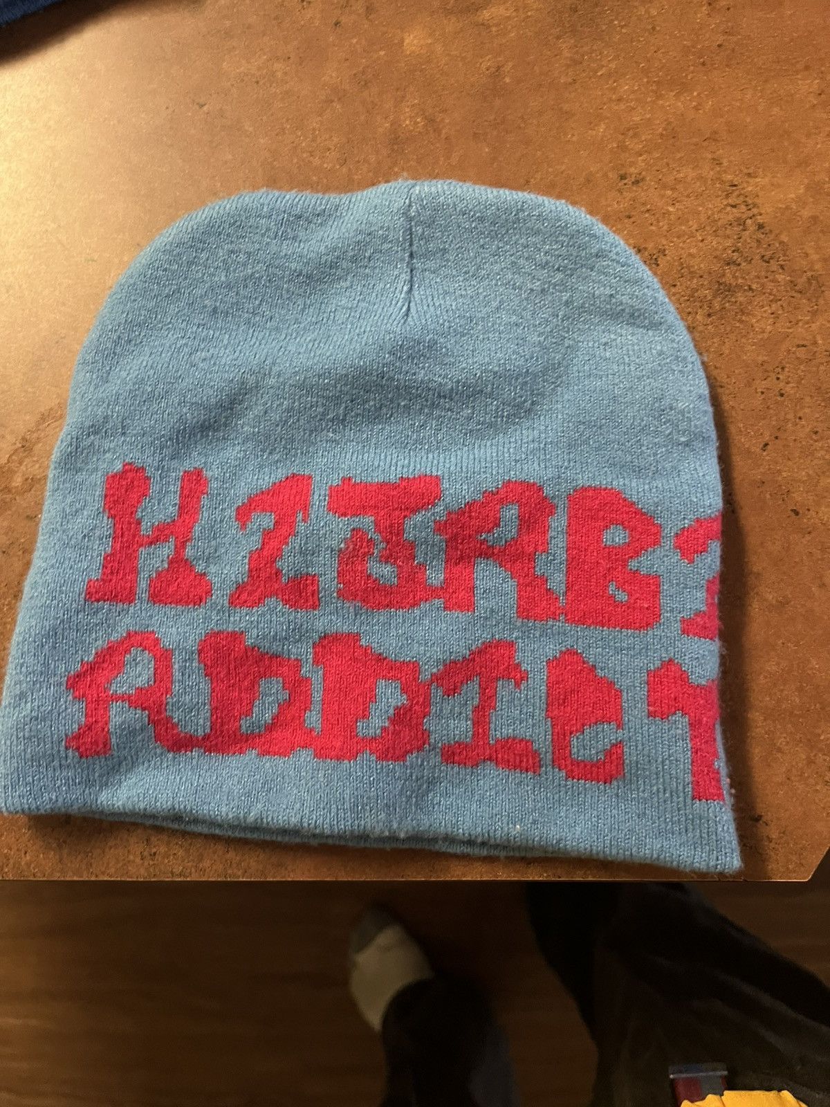 Vintage Y2K Sky Blue Beanie with Red Lettering Size ONE SIZE - 1 Thumbnail