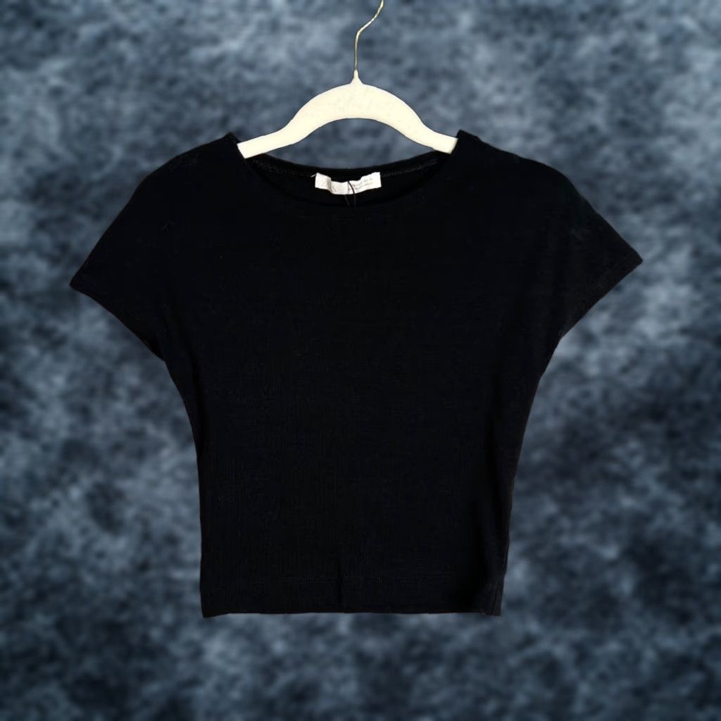 Zara Zara Top Adult Women Size Small Black Ribbed Knit Cropped Short Sleeve Cotton Elastane Womens Size S / US 4 / IT 40 - 1 Thumbnail