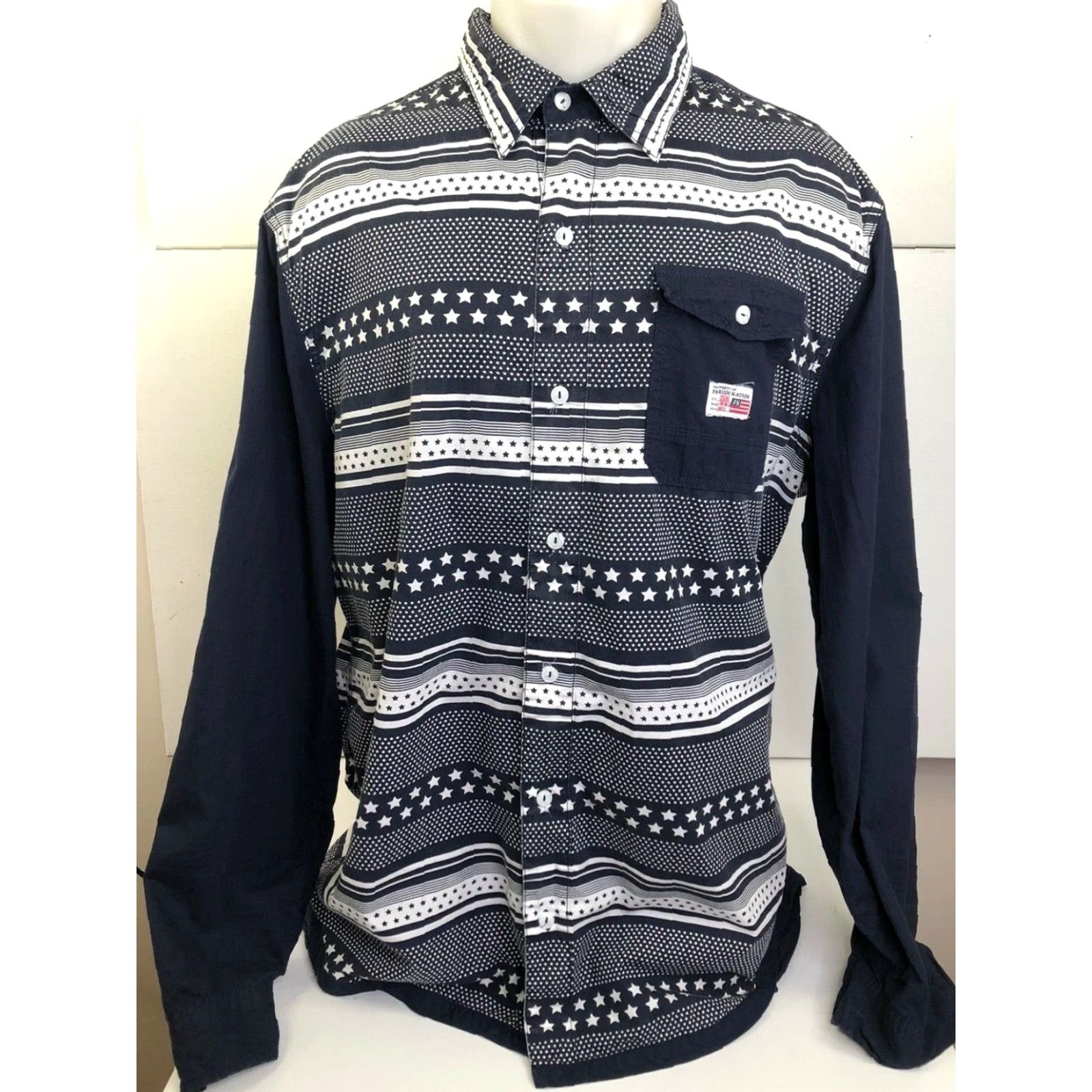 Vintage PARISH NATION Mens 2XL STARS & STRIPES Blue/White Quality Deserves Quality Shirt Shirt Long Sleeve Button-Up Mens 2XL Blue Stars & Stripes Size US XXL / EU 58 / 5 - 2 Thumbnail