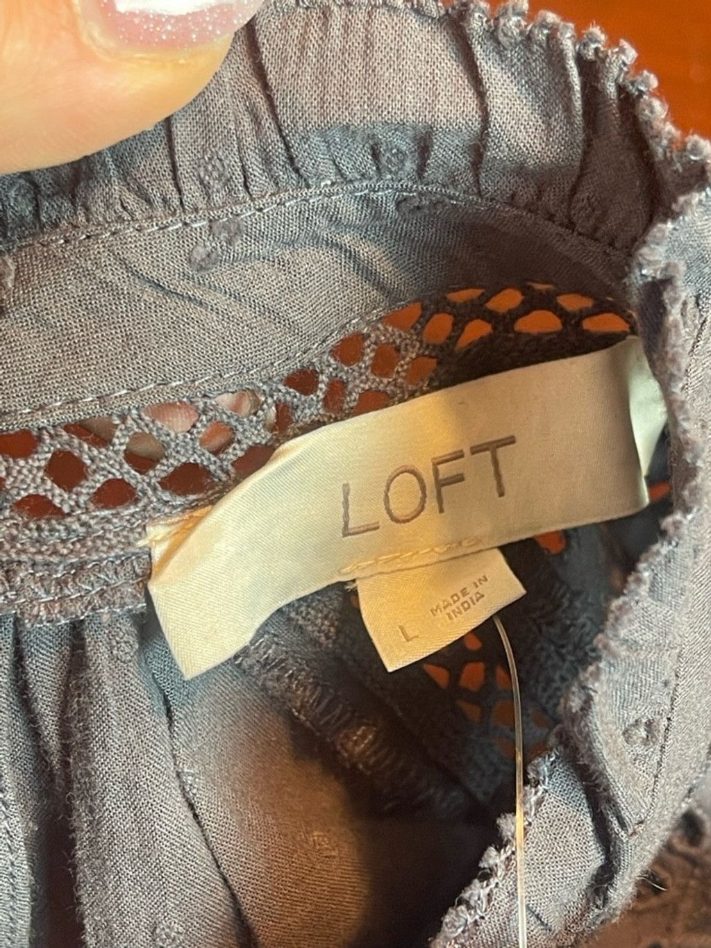 Loft LOFT Grey Eyelet Mock Neck Top L Cottagecore Coquette Blouse Size L / US 10 / IT 46 - 10 Thumbnail