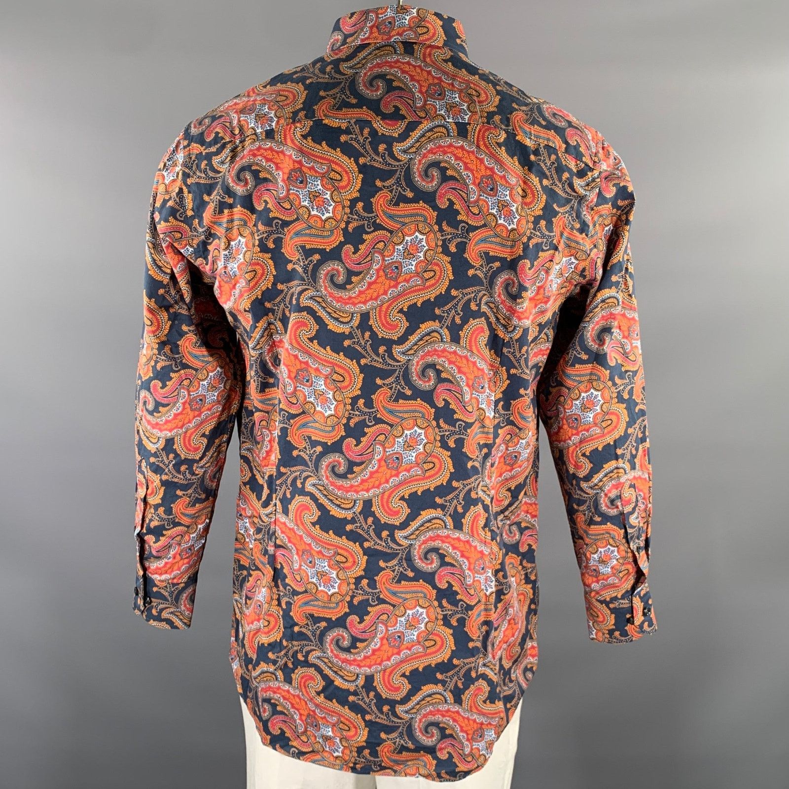 ETON Size XL Navy Orange Paisley Long Sleeve Shirt
