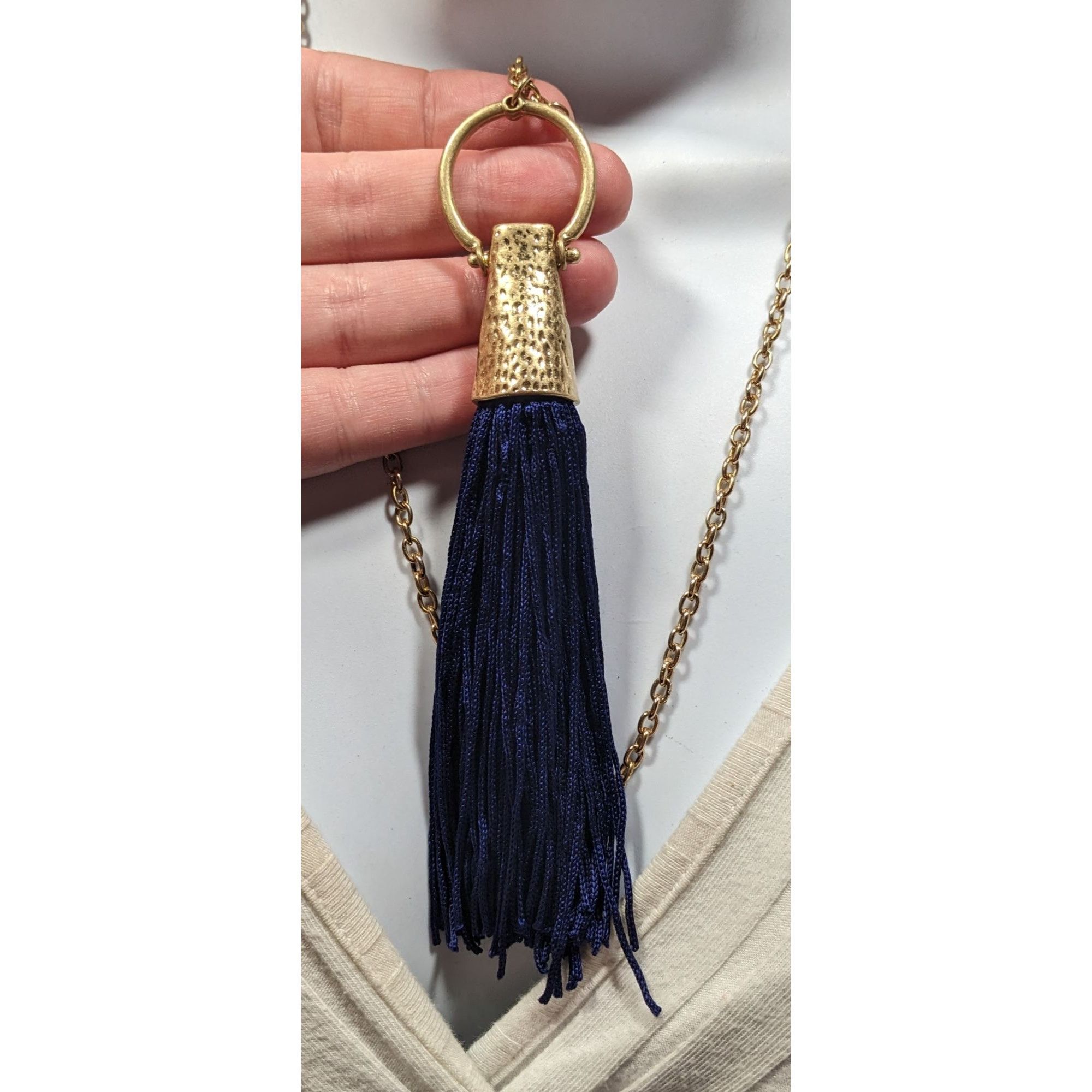 Other Hammered Gold Tone Tassel Pendant Necklace With Blue Tassel Size ONE SIZE - 2 Thumbnail