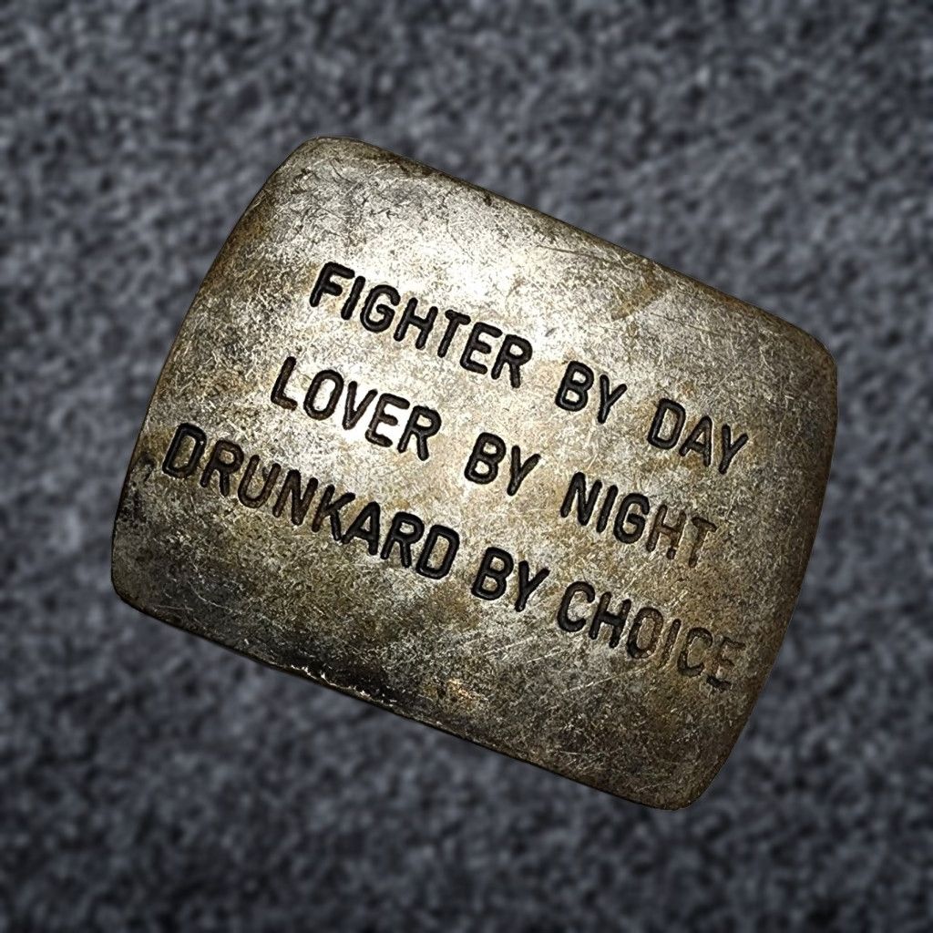Vintage VINTAGE 1980s Silver Fighter by Day Lover by Night Drunkard by Choice Belt Buckle Awareness Art Nouveau Adult Unisex Size ONE SIZE - 1 Thumbnail