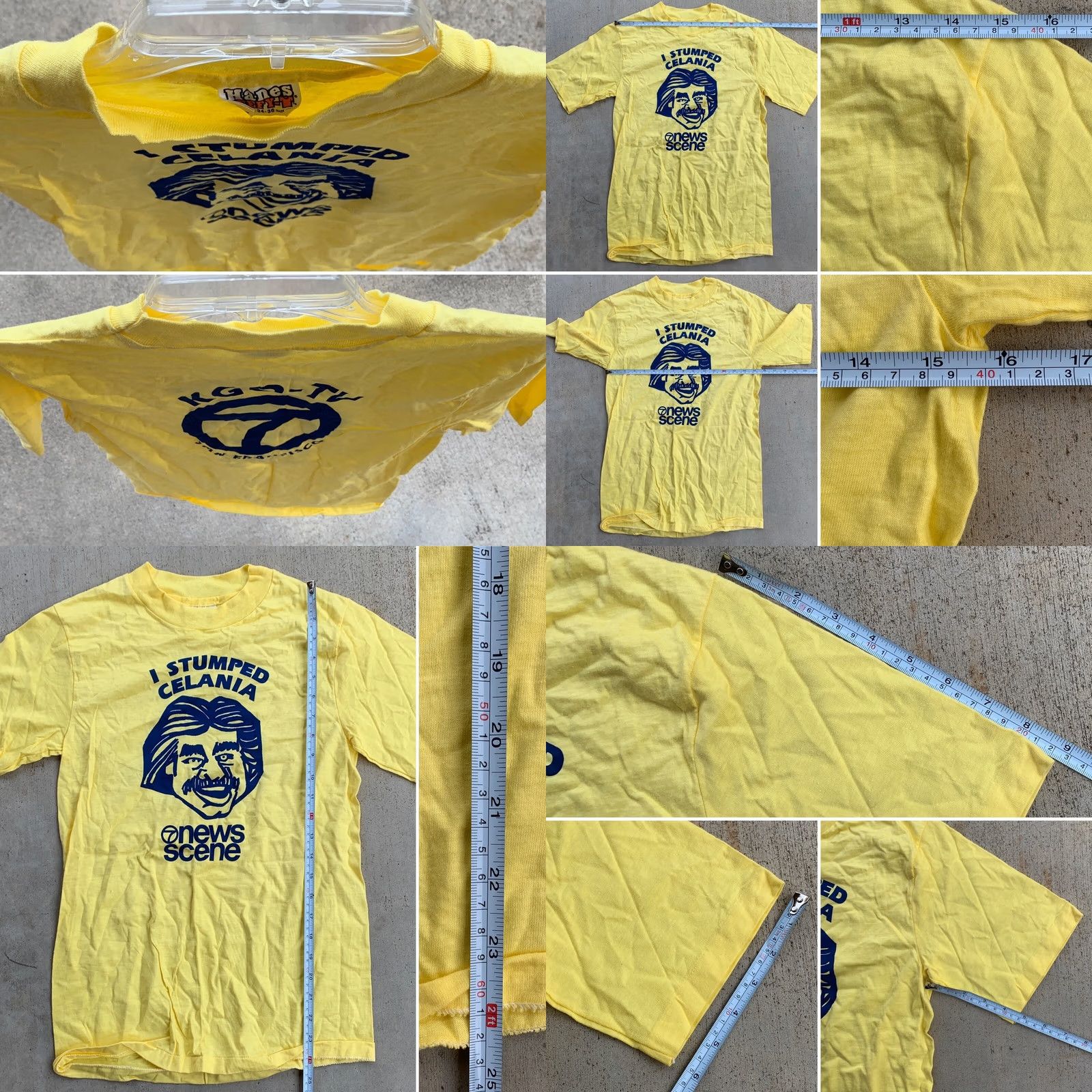 Hanes VINTAGE Hanes KGO-TV 7 San Francisco T-Shirt I Stumped Celania 7 News Scene 70s 80s Yellow Graphic Tee Mens S 34-36 100% Cotton USA 1970s Size US S / EU 44-46 / 1 - 8 Thumbnail