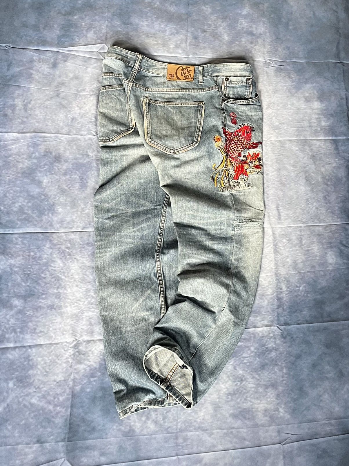 Japanese Brand Nippon Blue Y2K Embroidered Koi Fish Jeans Size US 36 / EU 52 - 2 Thumbnail
