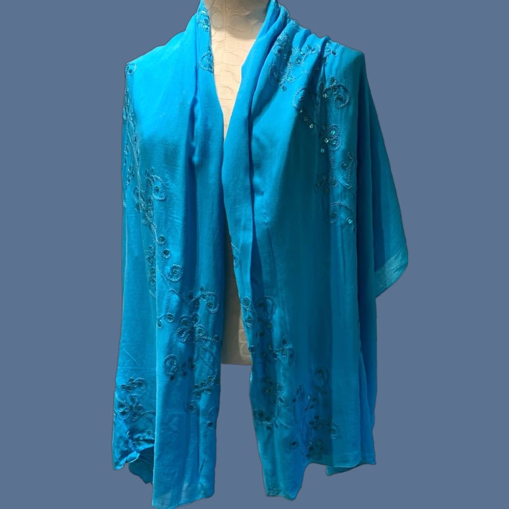 Altea VINTAGE Lightweight Teal Shawl Wrap Sequin Embroidery 46"x 70" Shawl/Wrap Women Size ONE SIZE - 1 Thumbnail