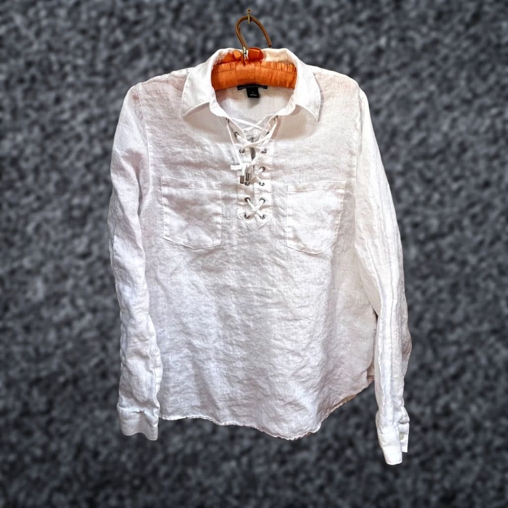 Lands' End Lands' End White 100% Linen Lace-Up Long Sleeve Blouse Top Shirt Sz 12 Pockets Size XL / US 12-14 / IT 48-50 - 1 Thumbnail