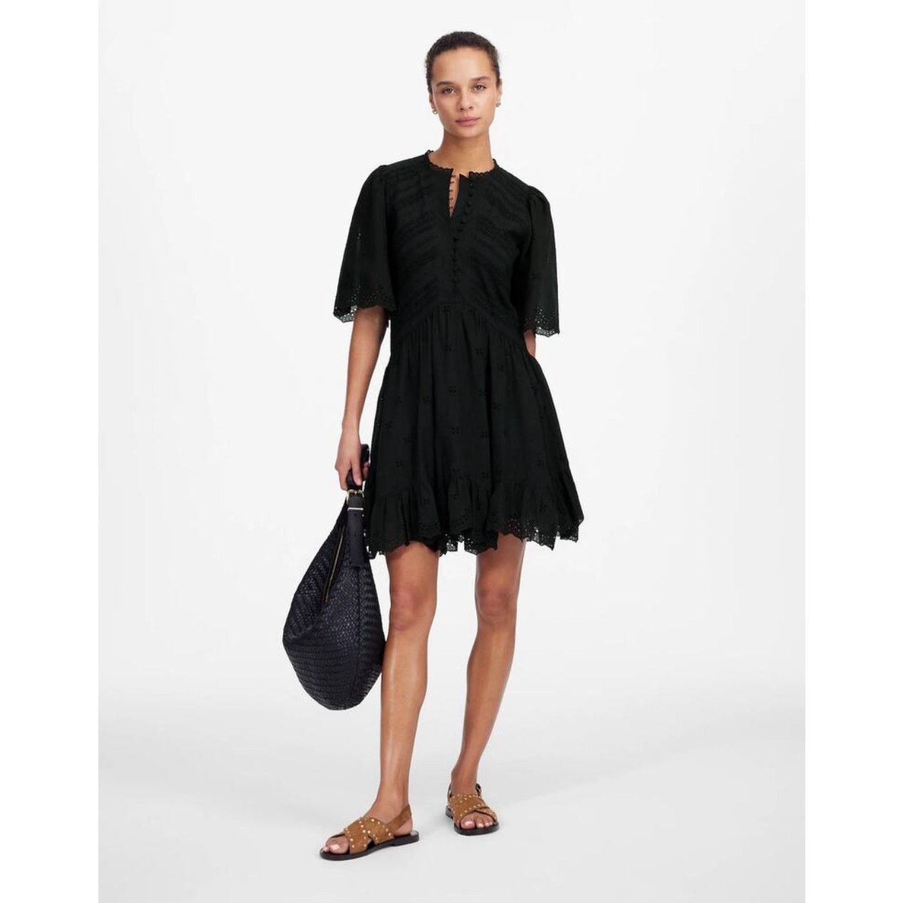 NWT Madewell Eyelet Flutter Sleeve Mini Dress Cotton Black 0