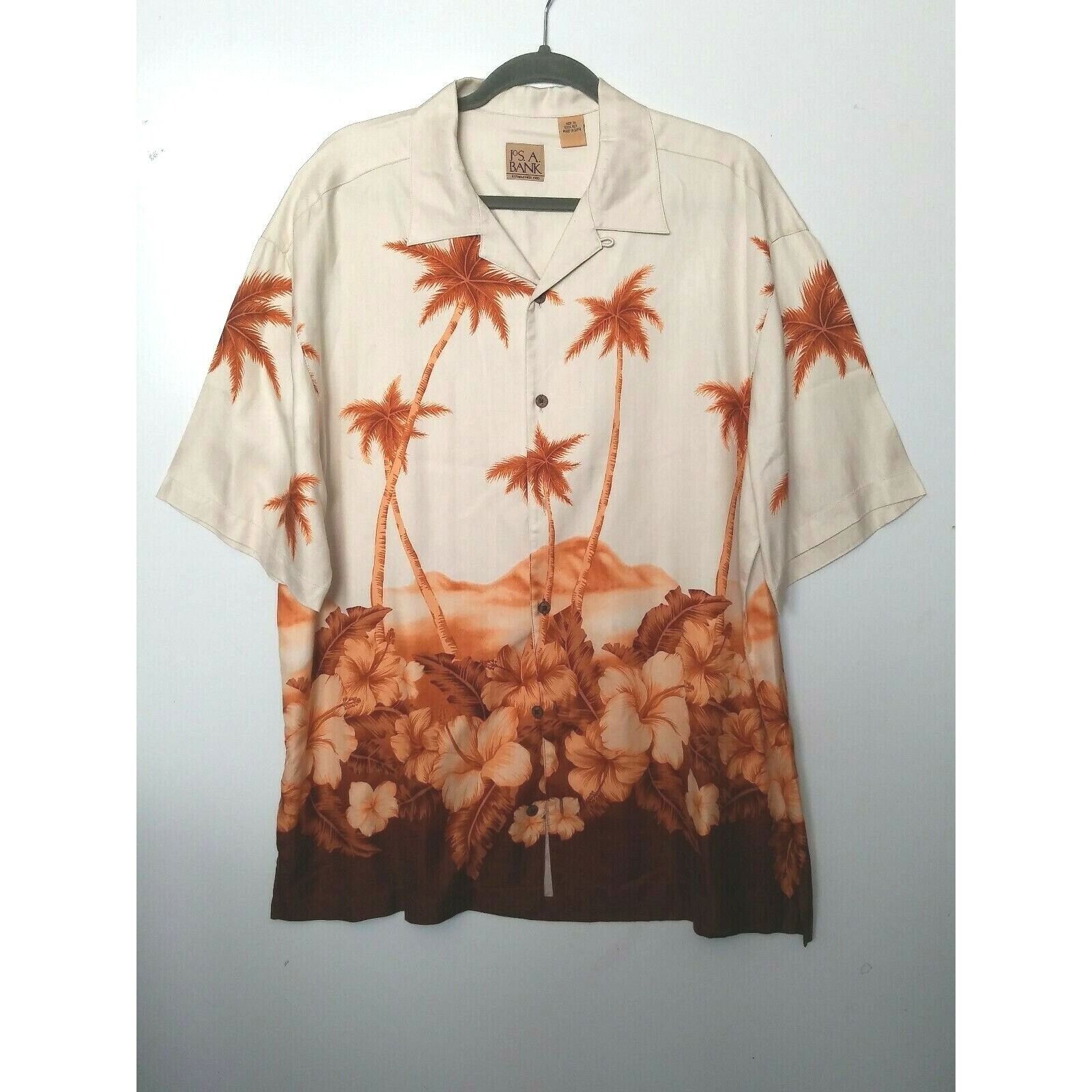 Jos. A. Bank Jos A Bank Mens Silk Hawaiian Shirt XL Button Up Cream Brown Size US XL / EU 56 / 4 - 4 Thumbnail