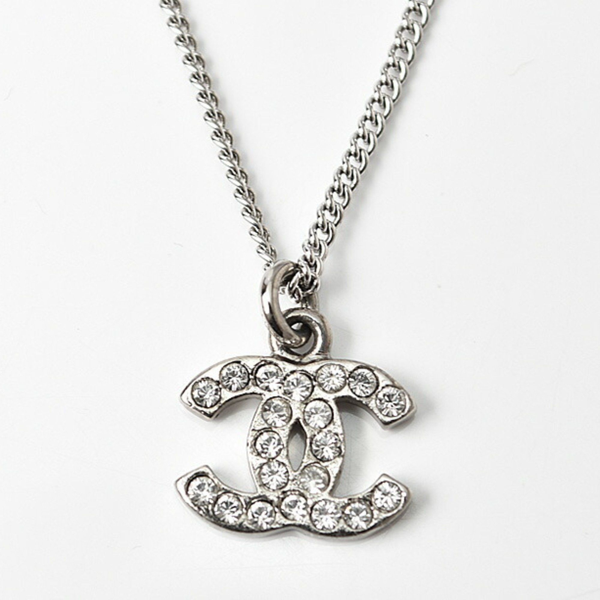 image of Chanel Necklace Pendant Coco Mark Cc Rhinestone Silver White, Women's