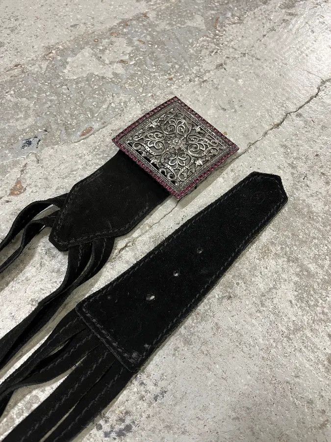 Designer × Roberto Cavalli × Vintage 2000s Roberto Cavalli Square Paved Relic Buckle Frange Suede Leather Belt Size ONE SIZE - 6 Thumbnail