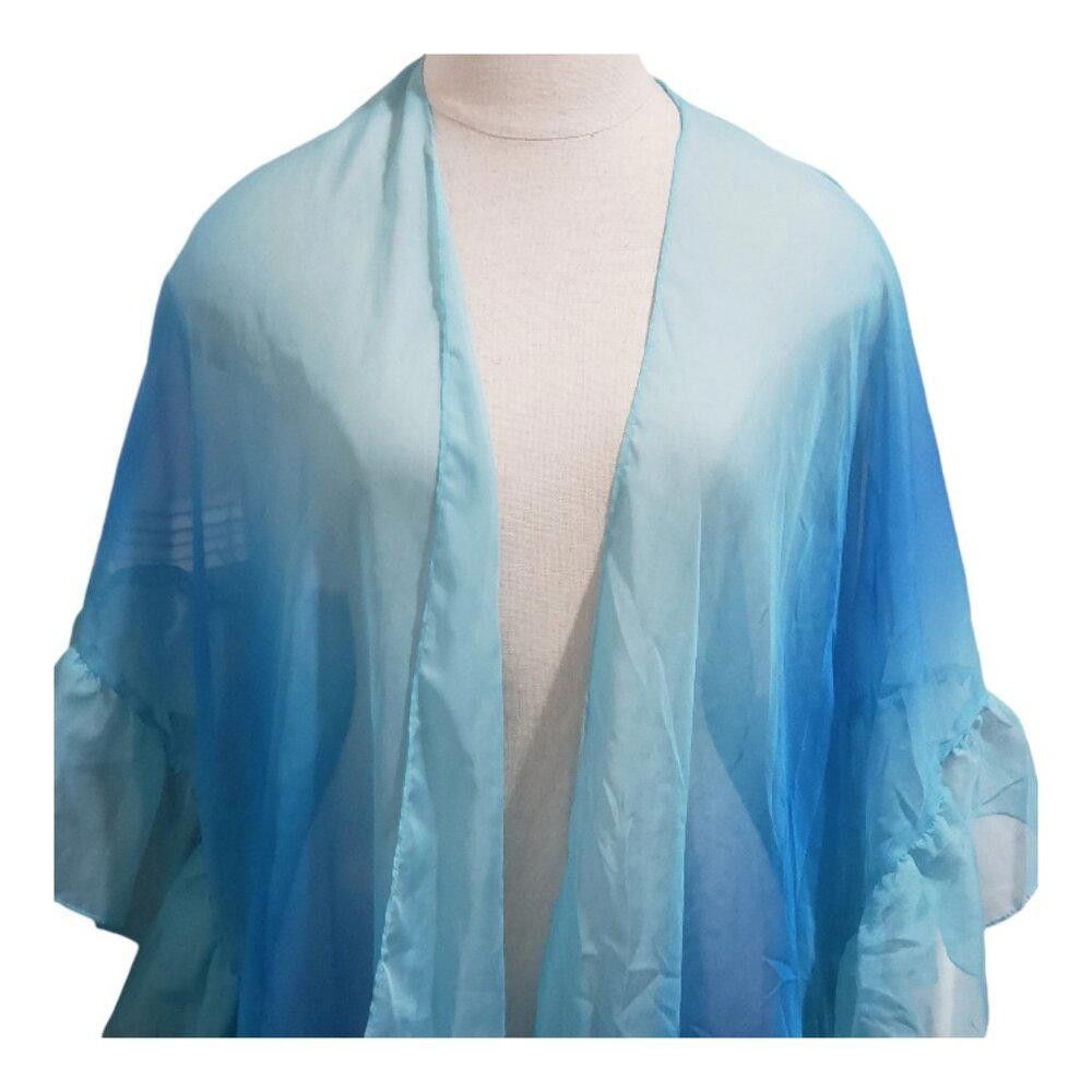 Designer CT1843 Sheer Aqua & Turquoisr Ruffle Trim Cover up OS Size ONE SIZE - 2 Thumbnail