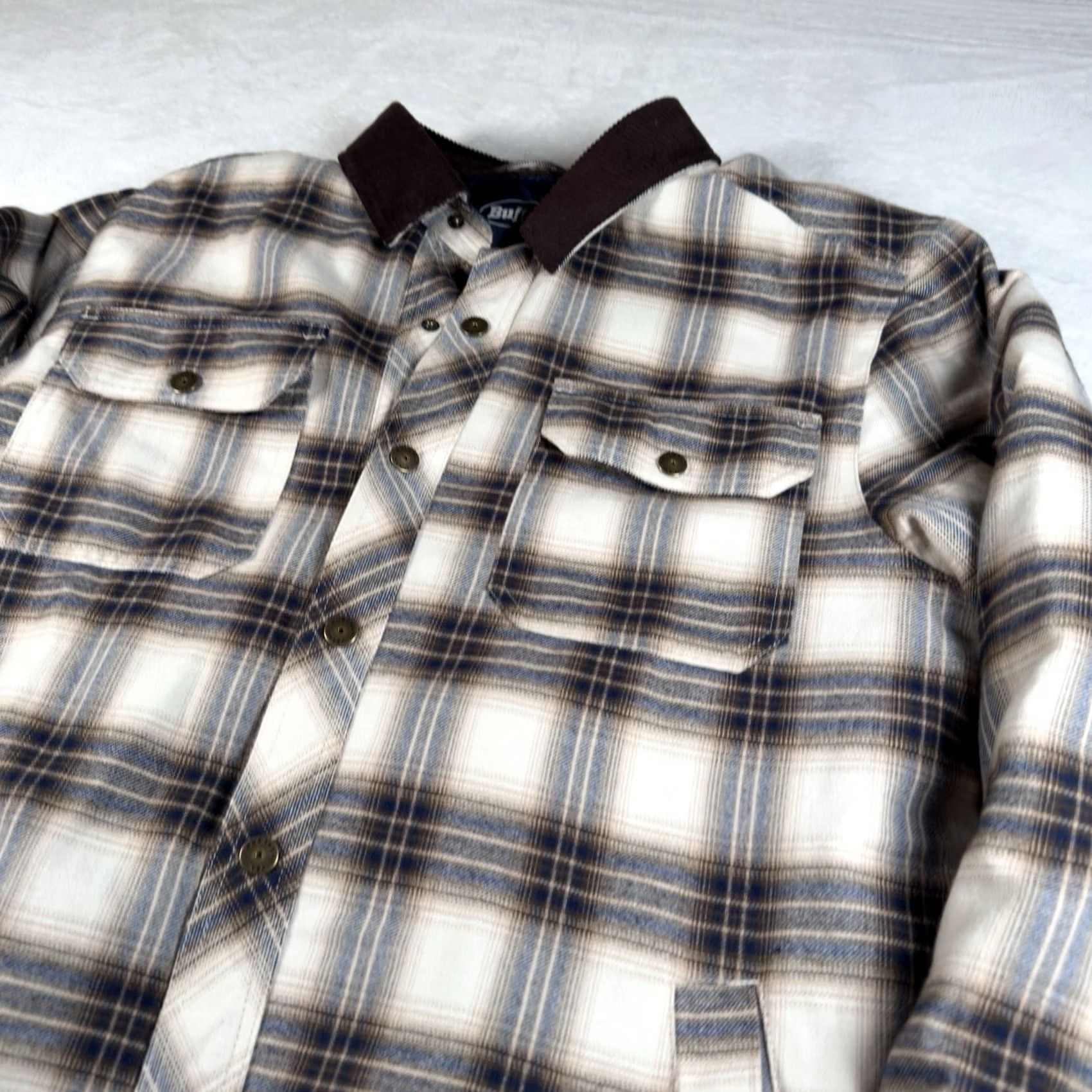Vintage Buffalo Jeans Jordyn Shacket Mens L Tan Plaid Sherpa Lined Flannel Cord Collar Size US 33 - 2 Thumbnail