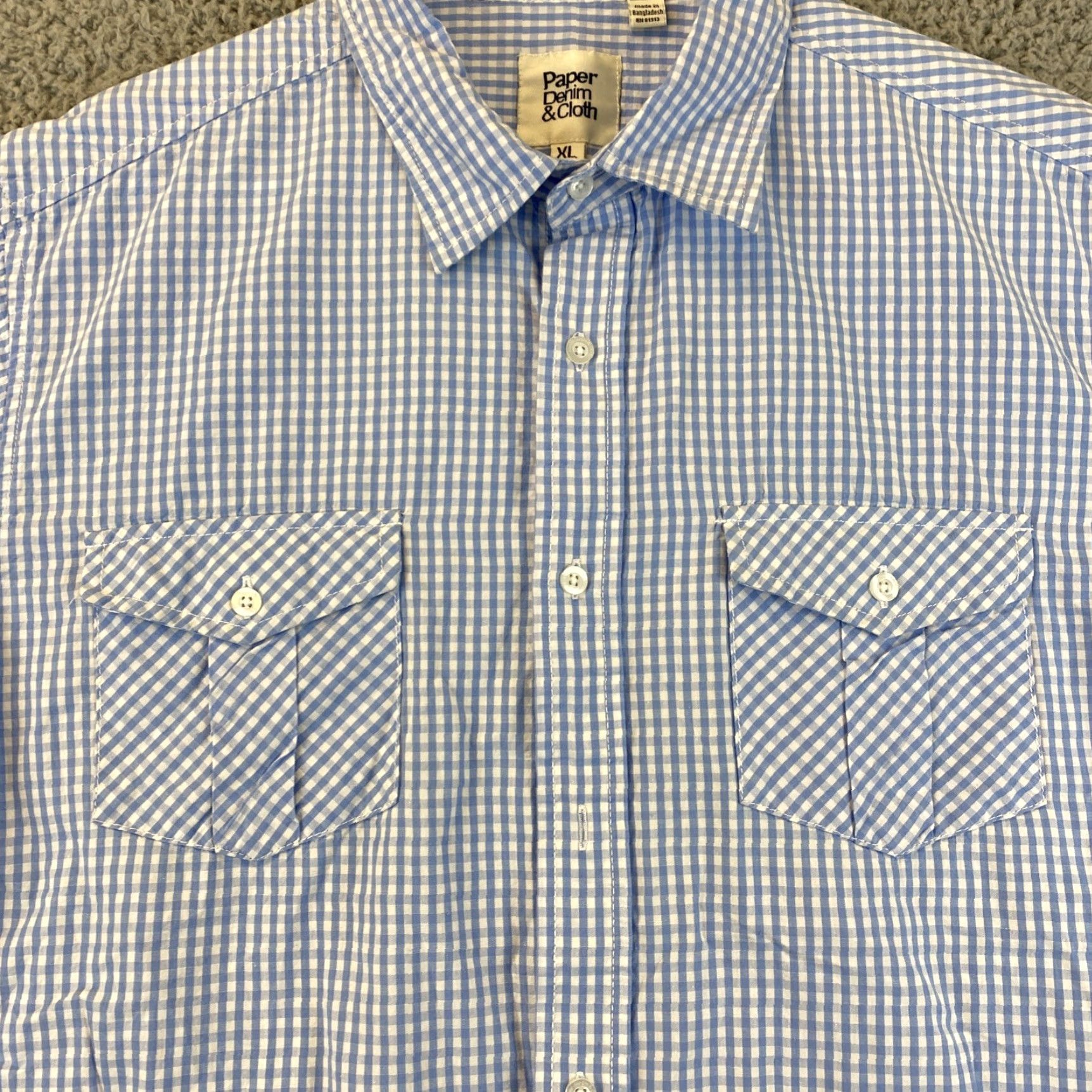 Vintage VINTAGE Paper Denim & Cloth Men's Short Sleeve Dress Shirt XL Blue White Check Cotton Blend 43-27 Size 46R - 2 Thumbnail